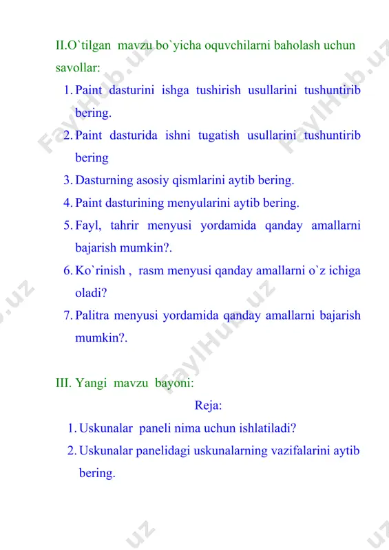 nani quyidagicha hosil qilib olamiz(1-rasm). qo’sh aylananing tashqi qismini o’chiramiz(2-rasm). endi aylana qismlarini bo’yab chiqsak kopto’k tayyor!(3-rasm) 1-rasm 2-rasm 3-rasm endi mustaqil ravishda uycha, olma, velosiped, avtobus, kompyuter rasmini chizing. tabiat manzarasini chizib ko’ramiz. buning uchun dastlab deyarli qog’oz kattaligida ramka (to’g’rito’rt-burchak) yasaymiz(4-rasm), keyin tahminan o’rtasidan qalam yor-damida chiziq tortamiz(5-rasm). chiziq to’g’ri bo’lishi shart emas. chiziqning yuqori qismiga tog’larni chizamiz(6-rasm), tog’yoniga esa qir adirlarni tasvirlaymiz(7-rasm). eslatib o’tamiz: chiziqlar uzluksiz bo’lishi va ramka chetiga yoki boshqa chiziqlarga tutashishi kerak. endi tog’larni kul-rang, adirni sariq, erni zangori va osmonni ko’k rangga bo’yaymiz (8-rasm). oq rangni tanlab, aylana uskunasi yordamida osmonda ellips va unga yopishgan aylanararni hosil qilamiz (9-rasm). barcha aylana va ellipslarni oq rangga bo’yab bulut shaklini yasaymiz (10-rasm). sariq rang tanlab quyosh aylanasini hosil qilamiz va sariq rangga bo’yaymiz (11-rasm). 4 – rasm 5 – rasm 6 – rasm 7 – rasm 8 – rasm 9 – rasm 10 – rasm …