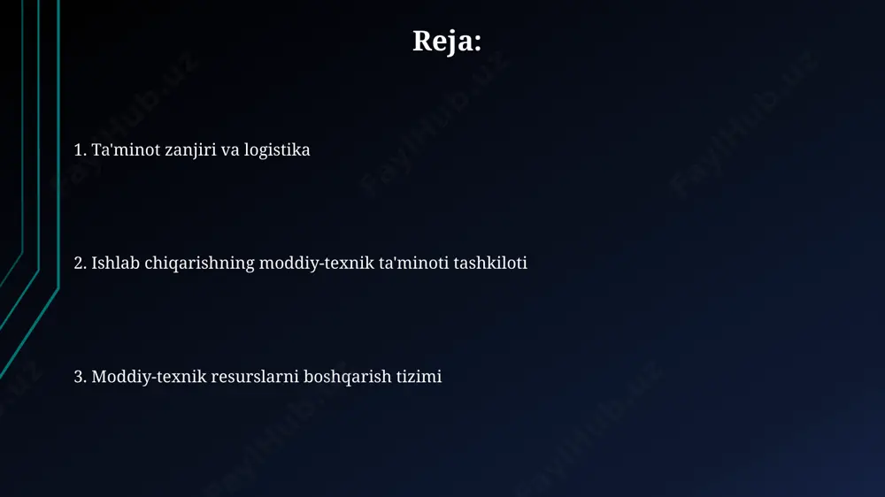 ateriallarni rejalashtirish va prognozlash prognozlashda, samarqanddagi paxta tozalash zavodining 5 yillik paxta yetishtirish ma'lumotlarini tahlil qilib, kelgusi yil uchun 15% ga o'sish prognozi tuzish mumkin, bu esa xom ashyo ta'minotiga tayyorgarlik ko'rishga yordam beradi. materiallar ehtiyojini aniqlashda, masalan, toshkentdagi avtomobil zavodida yiliga 10 000 dona avtomobil ishlab chiqarish uchun 200 000 dona shina kerak bo'ladi, bu esa materiallarni rejalashtirishda aniq miqdorlarni hisoblashni talab qiladi. logistika va transport ўзбекистоннинг андижон вилоятидаги пахта толасини қайта ишлаш заводига хом ашё етказиб бериш учун йилига 2000 тоннадан ортиқ юк ташилади, бунинг учун 15 тага яқин юк машиналари зарур. самарқанд вилоятидаги кимё саноати корхоналарига етказиб бериладиган химиявий моддаларни транспорт харажатлари умумий харажатларнинг 15-20% ни ташкил этади ва бу ҳажм йил сайин 5-7% га ўсади. ishlab chiqarish materiallari va texnik ta'minotini tashkil etish samarqand viloyatidagi "o'zbekiston" paxta tozalash zavodida 2023-yilda 5000 tonna paxta xom ashyosini yetkazib berishni ta'minlash uchun 3 ta asosiy yetkazib beruvchi bilan shartnomalar …