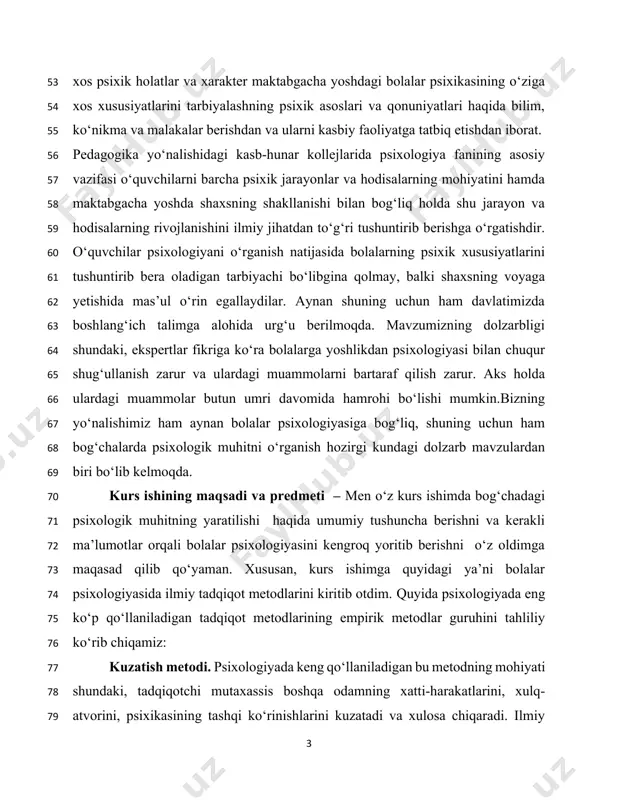i o‘z oldimga maqasad qilib qo‘yaman. xususan, kurs ishimga quyidagi ya’ni bolalar psixologiyasida ilmiy tadqiqot metodlarini kiritib otdim. quyida psixologiyada eng ko‘p qo‘llaniladigan tadqiqot metodlarining empirik metodlar guruhini tahliliy ko‘rib chiqamiz: kuzatish metodi. psixologiyada keng qo‘llaniladigan bu metodning mohiyati shundaki, tadqiqotchi mutaxassis boshqa odamning xatti-harakatlarini, xulq-atvorini, psixikasining tashqi ko‘rinishlarini kuzatadi va xulosa chiqaradi. ilmiy kuzatishlar jarayonida tadqiqotchi kuzatadigan obyektlarni nihoyatda diqqat bilan aniq o‘rganishi, pala-partishliklarga yo‘l qo‘ymasligi lozim. binobarin, bolalar holatini bilmoqchi bo‘lsangiz, yolg‘iz ko‘z yugurtirib turishning o‘zi kifoya qilmaydi, balki ularning qanchalik qunt bilan ishlayotganliklarini aniqlash maqsadida boshqa usullardan (mas. savollar tashlash) ham foydalanish mumkin. bunda kuzatish metodining subyektiv (o‘z-o‘zini kuzatish), obyektiv (tashqaridan kuzatish) usullaridan keng foydalaniladi. subyektiv kuzatish, ya’ni o‘z-o‘zini kuzatish metodidan keng foydalanib kelingan bo‘lishiga qaramay, bu metodni ilmiy metod deb bo‘lmaydi. psixologiya fanida obyektiv kuzatish, ya’ni tashqi kuzatish metodidan ham keng foydalaniladi. obyektiv kuzatish metodi har doim ma’lum maqsadga qaratilgan bo‘lib, uning yordamida kishilarning turli psixik …