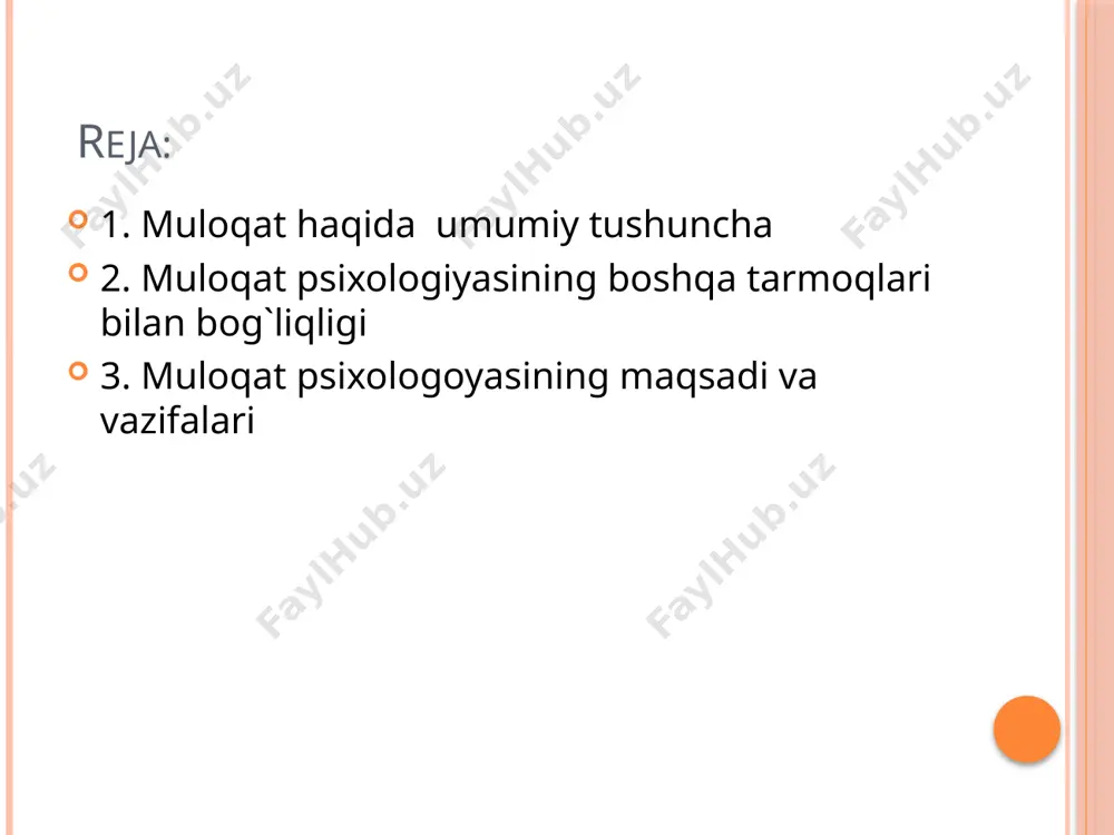 m o`rin tutadi. chunki muloqat tuzilishi aniqlab olish uning tarkibidagi har bir elementni alohida tahlil qilish imkonini beradi . muloqatning asosiy tarkibiy quyidagi elementlardan tashkil topdan. muloqat kommunikatsiya interaksiya ijtimoiy persepsiya hghju 9 muloqat psixologiyasining maqsadi va vazifalari . o`zbek tiliga davlat tili maqomi berilganidan keyin davlat jamiyat hayotida birmuncha ijobiy o`zgarishalar yuz berdi . bu borada asosiy islohatlar milliy istiqloldan so`ng amalga oshirildi . ijtimoiy hayotdagi katta yutuqlar bilan bir qatorda shaxslararo munosabatlarda til odobi nutq madaniyatida buzilmoqda va o`zbek tilining musaffoligini , aniq ,lo`ndaligi, mantiqiyligi muloqatda o`z aksini topa olmayapapti. natijada uzilayatgan fikrlarni idrok qilish qiyinlashmoqda . shuning uchun muloqat psixologiyasining asosiy maqsadi avvalo yoshlarda nutq madaniyatini shakllantirish vazifalarid 1)hamkorlikdagi faoliyat jarayonida shaxslararo o`zaro ta`sir va muloqat qonuniyatlarini o`rganish 2) sharq allomalarini muloqat haqidagi qarashlari ni tahlil qilish 3)o`quvchilar faolikka undobchi muomalaviy imkoniyatlari imkoniyatlarini o`rganish 4) o`quvchilar kasbiy layoqatni faollshtirishga qaratilgan muloqat shakllantirish 5 )shaxslararo munosabatlarni muvofiqlashtirishda muloqatning …
