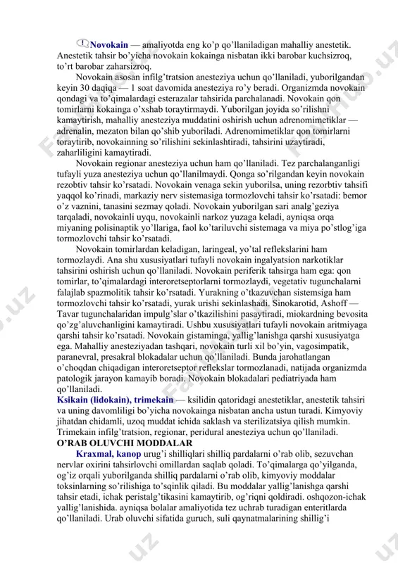 ziyalar ham kiradi. ushbu anesteziya tufayli sezuvchanlik tananing pastki qismlarida — chanoq ahzolarida, oyoqlarda yo’qoladi, shu joylarda o’tkaziladigan jarrohlik uchun qo’llaniladi, anesteziya uchun sovkain, bolalarda trimekain hamda ksikain qo’llaniladi. 5. suyaklar ichi anesteziyasi. anestetiklar eritmasi suyaklarning g’ovak moddasiga yuboriladi, yuborilgan joyning yuqorisiga elastik tasma bog’lab qo’yiladi, anesteziya ortopediya, travmatologiyada asosan novokain hamda trimekain bilan yuzaga keltiriladi. ko’pchilik anestetiklar yuborilgan joyidan qonga so’rilib, rezorbtiv tahsir ko’rsatishi mumkin. kokain — kuchli anestetik tahsir ko’rsatadi, shu bilan birga qonga so’rilish xususiyati bor. yuzaga anesteziya uchun qo’llanganda shilliq pardalardan qonga so’rilib, zaharli tahsir ko’rsatishi mumkin. kokain qonga so’rilgandan keyin asosan markaziy nerv sistemasiga tahsir ko’rsatadi — eyforiya (kayf), psixomotor qo’zg’alish paydo qiladi, toliqishni yo’qotadi. kokainning qonga so’rilishi davom etsa, uzunchoq miya markazlari (nafas, qon tomir, qusish markazi)ni qo’zg’atadi, spinal reflekslar tonusi oshib, talvasa ro’y berishi mumkin. ara’ kokain mikdori oshsa, nerv sistemasiga rag’batlantiruvchi tahsiri tormozlovchi tahsirga aylanadi, hayot uchun o’ta zarur bo’lgan markazlar (nafas …