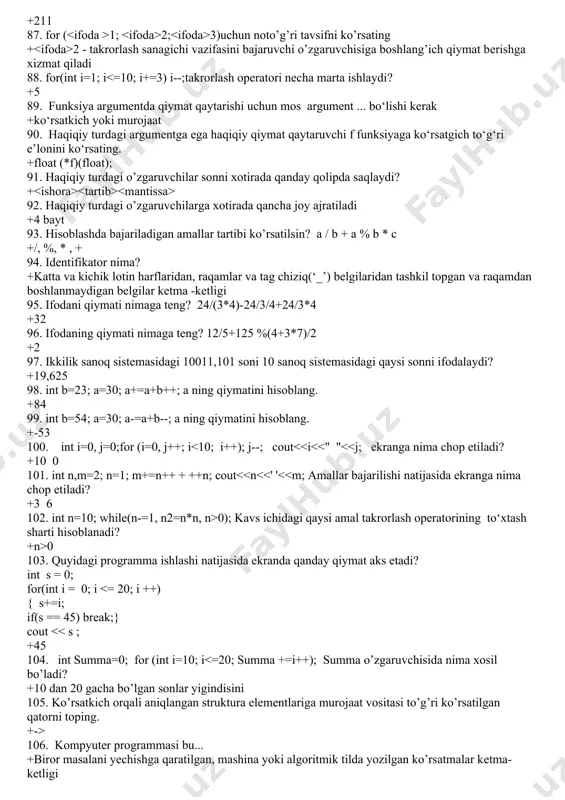 i qatordagi yozuvlar notо‘g‘ri +“число” tugmani bosib vaqt va sanani kirgizish mumkin 196. ms excel dasturida funksiya argumenti sifatida qanday kattaliklar ishlatiladi. +katak adreslari 197. qaysi funksiyaning javobi notо‘g‘ri berilgan. +сумм (а1,в7,с3) teng c7 198. elektron jadvallar bilan ishlaydigan amaliy dastur qaysi biri +ms excel 199. ms excel dasturi qaysi amaliy dasturlar guruxiga kiradi +elektron jadvallar bilan ishlaydigan dastur 200. ms excelda сp3нач(а5:a50) funksiyasi nimani hisoblaydi? +a5 dan a50 gacha bо‘lgan yacheykalardagi sonli qiymatlarning о‘rta arifmetik qiymatini xisoblaydi 201. ms excelda сумм(g1: g100) funksiyasi nimani xisoblaydi? +g1 dan g100 gacha bо‘lgan yacheykalardagi sonli qiymatlarning yigindisini xisoblaydi 202. ms excelda пpои3вед(в5: в10) funksiyasi nimani xisoblaydi? +b5 dan b10 gacha bо‘lgan yacheykalardagi sonli qiymatlarning kо‘paytmasini xisoblaydi 203. ms excelda макс(в5:в10) funksiyasi nimani xisoblaydi? +b5 dan b10 gacha bо‘lgan yacheykalardagi sonli qiymatlardan eng kattasini tanlaydi 204. ms excelda мин(в5: в10) funksiyasi nimani xisoblaydi? +b5 dan b10 gacha bо‘lgan yacheykalardagi sonli qiymatlardan eng kichigini …