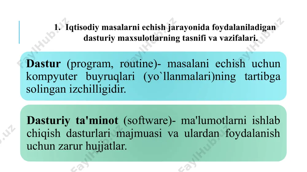 iritish va chiqarishni boshqaruvchi dasturlar; kompyuter ishlashini ta’minlaydigan boshqaruvchi dasturlar; berilganlarni tahlil qiluvchi dasturlar; drayverlar; virtual ichki va tashqi xotirani tashkil qiluvchi va boshqaruvchi dasturlar va shu kabilardir. operatsion muhit haqida tushuncha operatsion muhit - amaliy dasturlarni ishlab chiqish va ular bajarilishini taʼminlaydigan vositalar majmuasi. operatsion muhit operatsion tizim dasturiy ta’minot amaliy dasturlar interfeyslari tarmoq xizmatlari ma’lumotlar bazalari dasturlash tillari operatsion tizim turkumlari operayion tizimlar tizimli dasturiy taʼminot boʼlganligi sababli ularni quydagi turkumlarga ajratish mumkin. kompyuterlar uchun operatsion tizimlar mobil qurilmalar uchun operatsion tizimlar robotlar, bankomatlar va boshqa qurilmalar uchun operatsion tizimlar operatsion tizim turlari ms-dos от; windows от; mac от; linux от; unix от; solaris от; ios от; android от; freebsd от; red hat от; sun cobalt от va boshqalar. operatsion tizimdan foydalanish bo'yicha umumiy dunyo statistikasi kompyuterlar uchun operatsion tizimidan foydalanishning umumiy dunyo statistikasi operatsion tizim quyidagi xususiyatlarga ega bo‘lishi talab qilinadi: ishonchlilik. os o‘zi ishlayotgan qurilmalar bilan …