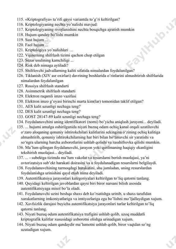 .. deyiladi. 96. resursdan ruxsat berilmagan foydalanishga yo‘l ochiladi. natijada axborotning maxfiyligi (konfidensialligi) buziladi. bunday buzilish ... deyiladi. 97. tizimlari va tarmoqlari uchun xavfsizlik xavfini amalga oshirish yo‘llarida axborot maxfiyligini buzilishi 98. boshlang‘ich matn belgilari analitik formulalar yordamida o‘zgartiril ishiga ... deb aytiladi. 99. boshlang‘ich matn belgilari tasodifiy belgilar ketma-ketligi bilan birlashtirilishiga ... deb aytiladi. 100. tizimlari va tarmoqlari uchun xavfsizlik xavfini amalga oshirish yo‘llarida ta'sir etish ob'ektlari 101. ranjirlash – … 102. shifrlash usuli bo‘yicha boshlang‘ich matn belgilari foydalanilayotgan yoki boshka bir alifbo belgilariga almashtirilishiga ... deb aytiladi. 103. maxfiy xabarning mavjudligini yashirish ... deb aytiladi. 104. maxfiy xabar mazmunini shifrlash, ya'ni ma'lumotlarni maxsus algoritm bo‘yicha o‘zgartirib, shifrlangan matnni yaratish yo‘li bilan axborotga ruxsat etilmagan kirishga to‘sik ko‘yish usuliga ........ deb aytiladi. 105. tizimlari va tarmoqlari uchun xavfsizlik xavfini amalga oshirish yo‘llarida ta'sir etish ob'ektlari 106. axborotni bir tizimdan boshka tizimga ma'lum bir belgilar yordamida belgilangan tartib bo‘yicha o‘tkazish …