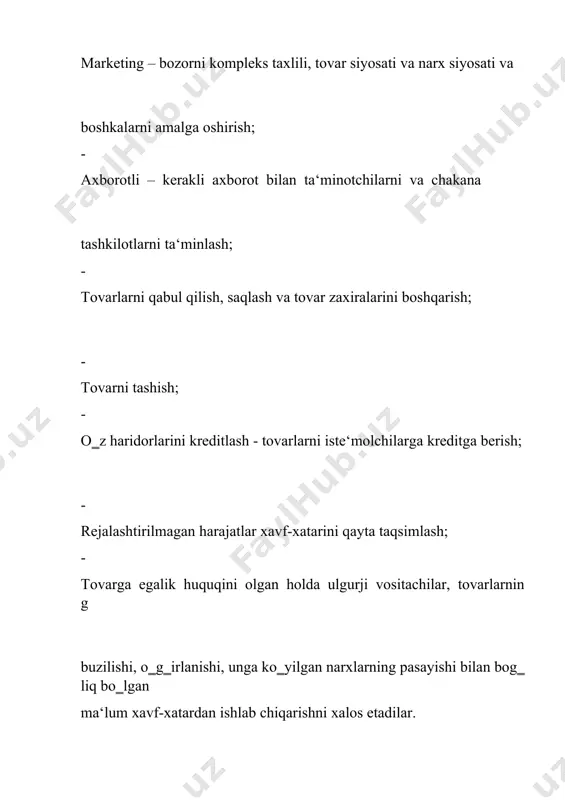 lari ulgurji farmatsevtika tashkilotlari faoliyatining tartibi o‗zbekiston respublikasi vazirlar mahkamasining 2017 yil 6 apreldagi 185-son ―dori vositalari va farmatsevtika faoliyati to‗g‗risida‖gi o‗zbekiston respublikasi qonuniga o‗zgartirish va qo‗shimchalar kiritish haqidagi 2016 yil 4 yanvardagi o‗rq-399 son ―o‗zbekiston respublikasi qonunini amalga oshirish chora- tadbirlari to‗g‗risida‖gi qarorida belgilangan. mazkur qarorning 1-ilovasida ―dori vositalarini va tibbiy buyumlarni ulgurji realizatsiya qilish tartibi to‗g‗risidagi nizom‖ tasdiqlangan. tranzit shaklida: tovarlar ishlab chiqaruvchidan chakana savdo tarmog‗iga yoki boshqa ulgurji kompaniyaga (kichikroq yoki boshqa shaxarda joylashgan) ulgurji vositachilarning omborini chetlab o‗tadi. ushbu shaklning afzalligni shundaki, aylanma mablag‗larning tezlashishi bo‗lib, natijada logistika xarajatlari kamayadi, tovarlarning saqlanish xavfsizligi darajasini oshiradi. tranzit etqazib berish, mahsulotni oraliq tayyorlashda sifatiga e‘tibor berish zarur bo‗lmasa, qadoqlash talab qilingan taqdirda. bunday xolatda ulgurji- vositachi, ishlab chiqaruvchidan jo‗natilgan mahsulotdan boshqa turdagi assortimentni ajratish imkoniga ega bo‗lmaydi. ombor shakli: tovarlar ishlab chiqaruvchidan ulgurji savdo omborxonasiga kelib tushadi, keyinchalik turli distribyutorlik kanallari orqali chakana savdoga chiqariladi. logistika xarajatlarni oshishiga …