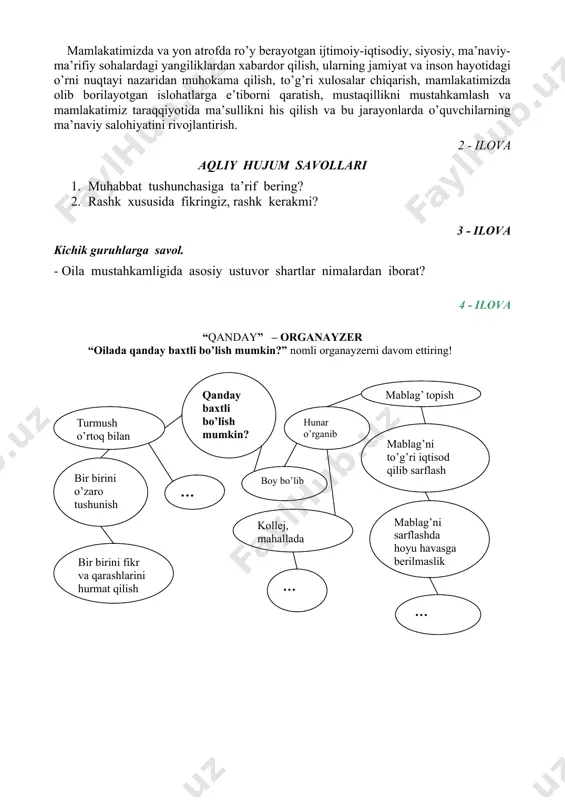 oila bo’ladi” mavzusida insho yozishni vazifa sifatida topshiradi. o’z–o’zini baholashni o’tkazadilar. savollar beradilar. topshiriqlarni yozib oladilar. mamlakatimizda va yon atrofda ro’y berayotgan ijtimoiy-iqtisodiy, siyosiy, ma’naviy-ma’rifiy sohalardagi yangiliklardan xabardor qilish, ularning jamiyat va inson hayotidagi o’rni nuqtayi nazaridan muhokama qilish, to’g’ri xulosalar chiqarish, mamlakatimizda olib borilayotgan islohatlarga e’tiborni qaratish, mustaqillikni mustahkamlash va mamlakatimiz taraqqiyotida ma’sullikni his qilish va bu jarayonlarda o’quvchilarning ma’naviy salohiyatini rivojlantirish. 2 - ilova aqliy hujum savollari 1. muhabbat tushunchasiga ta’rif bering? 2. rashk xususida fikringiz, rashk kerakmi? 3 - ilova kichik guruhlarga savol. - oila mustahkamligida asosiy ustuvor shartlar nimalardan iborat? 4 - ilova “qanday” – organayzer “oilada qanday baxtli bo’lish mumkin?” nomli organayzerni davom ettiring! 1-ilova mavzu: muhabbat, sevgi, rashk. oila - oliy qadriyat. tayanch so’z va iboralar: sevgi, muhabbat, mahbub, oshiq, xiyonat, rashk, taqdir, oila, er, xotin, farzand. sevgi dunyo kabi eski va qadim, ammo kim ketadi-yu, kim kelar, har gal. muhabbat lavhiga bergay yangi …