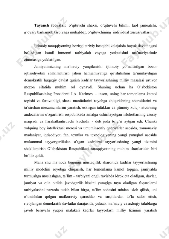 sohasini tubdan isloh qilish, uni o’tmishdan qolgan mafkuraviy qarashlar va sarqitlardan to’la xalos etish, rivojlangan demokratik davlatlar darajasida, yuksak ma’naviy va axloqiy talablarga javob beruvchi yuqori malakali kadrlar tayyorlash milliy tizimini yaratish maqsadida 1997 yilda oliy majlisning ix sessiyasida «ta’lim to’g’risida» qonun va «kadrlar tayyorlashning milliy dasturi» qabul qilindi. «kadrlar tayyorlash milliy dasturi»ni ishlab chiqishning asosiy omillaridan biri, respublikamizning demokratik va huquqiy davlat va adolatli fuqarolik jamiyat qurish yo’lidan izchil ilgarilab borayotganligi; davlat ijtimoiy siyosatida shaxs manfaati va ta’lim ustuvorligi qaror topganligi; milliy o’zlikni anglashning o’sib borishi, vatanparvarlik, o’z vataniga iftixor tuyg’usining shakllanayotganligi, boy milliy madaniy-tarixiy an’analarga va xalqimizning intellektual merosiga hurmatning ortib borayotganligidir. yana shu narsani alohida qayd etish joizki, endilikda o’zbekistonning jahon hamjamiyatiga integrasiyasi, respublikaning jahondagi mavqei va obro’ - e’tiborining tobora ortayotganligi ham mazkur islohotlarni tezlikda amalga oshirish lozimligi pedagogik zaruriyat bo’lib qoldi. kadrlar tayyorlash milliy dasturida belgilangan barcha tadbirlar uch bosqichda amalga oshirilishi ko’rsatib berilgan. ya’ni: …