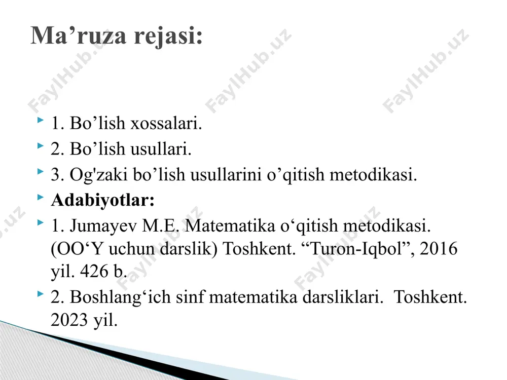 sul. bo’luvchini ko’paytuvchilarga ajratish. bo’luvchini bir nechta ko’paytuvchilar ko’paytmasi sifatida ko’rsatiladi, keyin bo’linuvchi ketma-ket ravishda shu ko’paytuvchilarga bo’linadi. masalan. 4 (8, 16) ga bo’lish. 4 (8, 16) ga bo’lish ikki (uch, to’rt) marta ikkiga bo’lishga keltiriladi. а) 1 948 : 4 = 1 948 : 2 : 2 = (1 000 : 2 + 900 : 2 + 40 : 2 + 8 : 2): 2 = (500 + 450 + 20 + 4):2 = 974 :2 = 900 :2 +70:2 + 4:2 = 450 + 35 + 2 = 487; image1.jpeg image2.png image3.png image2.emf image3.emf image4.emf image5.emf image6.emf image7.emf image8.emf 15- qoida. 5 ∙ 𝟏𝟎 𝒏 ga bo’lish (п ≥ 0). sonni 5 ∙ 10 𝑛 bo’lish uchun ,uni 2 ga ko’paytirib va natijani 10 𝑛+1 bo’lish kifoya. 16 - qoida. 25 (250) ga bo’lish. sonni 25 (250) ga bo’lish uchun, uni 4 ko’paytirib va 100 (1 000) ga …