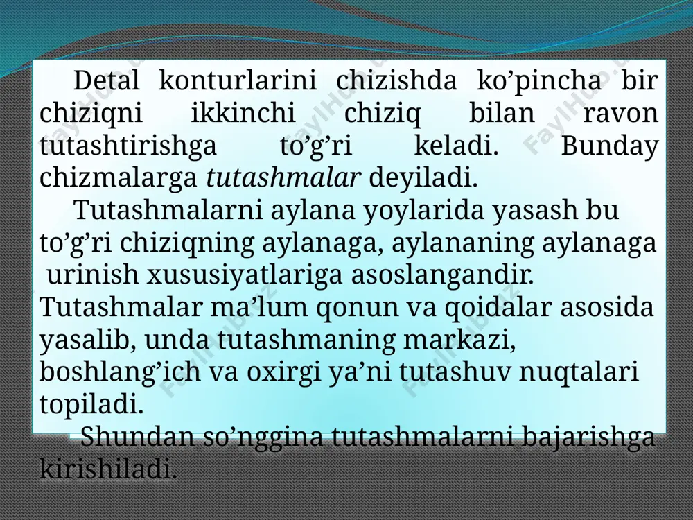 il kattalikda bo‘lsa (1-shakl, b, 2- shakl) ularning radiuslari ayirmasi r-r1 ga teng radiusda, kattaroq aylana markazidan yordamchi aylana chiziladi. 02(001/2) dan 002 radiusda yoy chizilsa, bu yoy 0 markazli yordamchi aylanani a nuqtada kesadi. o va a nuqtalar tutashtirilib davom ettirilsa, katta aylanada o‘tish nuqtasi 1 topiladi. 01 dan 01 ga parallel chizilsa, kichik aylanadagi o‘tish nuqtasi 2 hosil bo‘ladi. 1 va 2 nuqtalar tutashtirilsa, har xil radiusdagi aylanalarga urinma to‘g‘ri chiziq o‘tkazilgan hisoblanadi 01 va 02 markazli aylanalar 0 markazli aylananing tashqi (3-shakl,a) va ichki (3-shakl,b) tomonidan urinib o‘tmoqda. demak, aylanalarni o‘zaro aylana yoyi bilan tutashtirishda tashqi va ichki tutashmalar mavjud ekan. 3-shakl 4-shakl aylanalarni tashqi tomonidan aylana yoyi bilan tutashtirish uchun (3-shakl), berilgan tutashtirish radiusi r ni r1 ga qo‘shib, r+r1 ga teng radiusda 01 dan, r+r2 ga teng radiusda 02 dan yoylar chiziladi va ularning o‘zaro kesishishidan tutashtirish markazi 0 hosil bo‘ladi. 0 bilan 01 va …