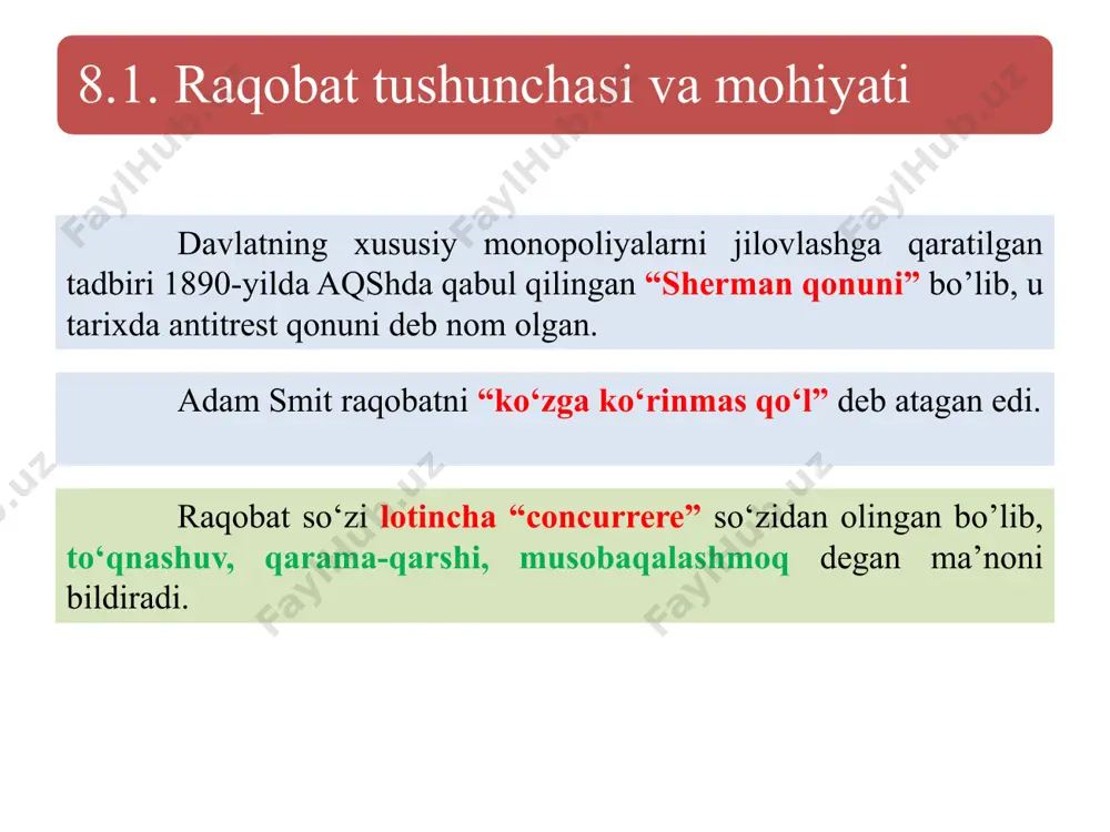 hakllari raqobat intensivlik darajasi bo‘yicha, ehtiyojlarni qondirish shakli bo‘yicha, xarajatlar yo‘nalishi bo‘yicha va ta’sir qilish usullari bo‘yicha klassifikatsiyalanadi. intensivlik darajasi bo‘yicha 1.jalb etuvchi raqobat raqobat subyekti mazkur segmentda oldingi segmentdagiga nisbatan ko‘proq foyda oladi; 2.chegaralangan raqobat mazkur raqobat tovar bozorida raqobatni ushlab turadi; 3.shafqatsiz raqobat raqobat nisbatan intensiv ,raqobatchilar bir-birini bozordan siqib chiqarishga ,ulushini tortib olishga harakat qiladi. ehtiyojlarni qondirish shakli bo‘yicha: 1.funksional raqobat bu raqobatning shunday turiki turli xil tovarlar o‘zaro bir-bir bilan raqobatlashadi. bu tovar ayni o‘sha ehtiyojni qondirishga yo‘naltirilgan bo‘ladi. 2.tur raqobat mazmuniga ko‘ra funksional raqobatga yaqin turadi.tur raqobat bitta maqsadga yo‘naltirilgan lekin bir-biri bilan uncha katta farqga ega bo‘lmagan o‘xshash tovarlar ishlab chiqarish ishlari o‘rtasidagi raqobatdir. 3. predmet raqobati bu raqobatda bir-xil tovar ishlab chiqaruvchilar o‘rtasidagi faqat sifati bilan farqlanuvchi raqobat turi hisoblanadi. bu farq umuman bo‘lmasligi mumkin yoki minimal bo‘lishi mumkin. raqobatning ushbu turi qoidaga ko‘ra raqobatning strategiyasini ishlab chiqarishga e’tiborini qaratadi. xarajatlar yo‘nalishi bo‘yicha …