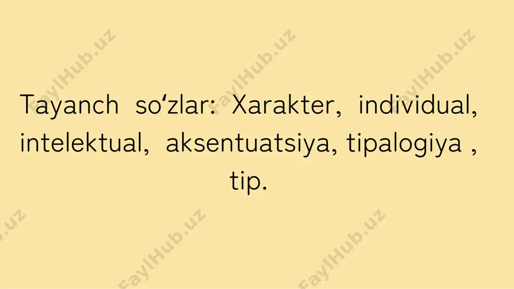 ari majmuasi xarakter deyiladi. shaxsning jamiyatga nisbatan munosabatlari uning asosiy belgisi hisoblanadi. xarakter deganda mazkur shaxs uchun tipik hisoblangan, faoliyat usullarida namoyon bo’ladigan, shaxsning turli sharoitlarga munosabati bilan belgilanadigan individual psixologik xususiyatlari yig’indisi tushuniladi. xarakter xususiyatlarining namoyon bo’lishi har bir tipik vaziyat, hissiy kechinmalarning individual o’ziga xos xususiyati shaxs munosabatlariga bog’liq. xarakterning intellektual, hissiy va irodaviy xislatlarini ajratish mumkin. xarakter deganda shaxsda muhit va tarbiya ta'sirida tarkib topgan va uning irodaviy faoliyatida, atrofdagi olamga o’z- o’ziga bo’lgan munosabatlarida namoyon bo’ladigan individual xususiyatlarni tushunamiz. xarakterning juda ko’p xususiyatlari odamning ish harakatlarini belgilovchi chuqur va faol moyillik hisoblanadi. mana shu moyilliklarda xarakter xislatlarining undovchilik kuchi namoyon bo’ladi. odam xarakter xislatlarining ana shunday undovchilik kuchi tufayli ko’pincha ob'ektiv sharoitlarga zid ish qiladi va mutlaqo maqsadga nomuvofiq harakat usullarini qo’llaydi. xarakter xislatlari ma'lum tarzda harakat qismlariga, ba'zan esa sharoitga qarama-qarshi harakat qilishga undar ekan, ular hayotiy qiyin daqiqalarda yaxshiroq namoyon bo’ladilar va bu xarakterni, …
