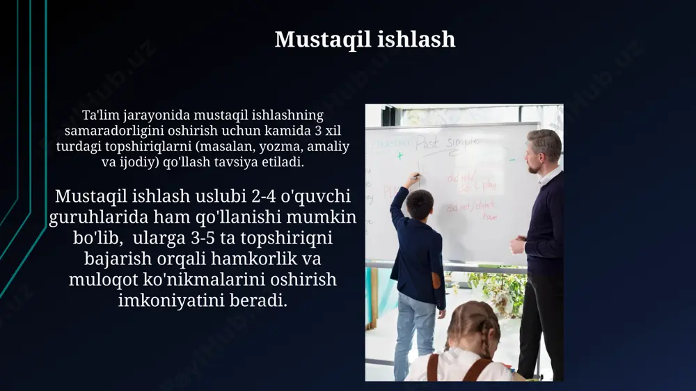 osqichdan: tayyorgarlik, tushuntirish, mustaqil ishlash, nazorat va baholashdan iborat boʻlishi kerak. oʻquvchilarning yoshi va individual xususiyatlarini hisobga olgan holda, kamida 3 xil didaktik materiallar (masalan, kartochkalar, rasmlar, predmetlar) qoʻllanilishi ta’lim samaradorligini 15% ga oshiradi. baholash tizimi har bir fan bo'yicha 10 ta asosiy ko'nikma aniqlanib, ularning o'zlashtirilishi 4 bosqichli (boshlang'ich, o'rta, yuqori, mukammal) darajalarda baholanadi. baholash tizimi o'quvchilarning 1-4 sinflarda 5 balldan iborat shkala bo'yicha bilim va ko'nikmalarini baholashni o'z ichiga oladi, bunda har bir ball ma'lum mezonlarga mos keladi. guruhda ishlash muvaffaqiyatli guruh loyihasi uchun birgalikda ishlash ko'nikmalarini o'rgatish, masalan, muloqot, fikr almashish, qaror qabul qilish kabi 5 ta asosiy ko'nikmalarni amaliy mashg'ulotlar orqali rivojlantirish muhimdir. baholashda individual hissa va guruhdagi hamkorlikni alohida baholash, masalan, individual baho 40%, guruhdagi hamkorlik bahosi 60% bo'lishi o'quvchilarni birgalikda ishlashga rag'batlantiradi. dars ishlanmasi tuzish samarali dars ishlanmasi kamida 2 ta turli xil o'quv uslublarini (masalan, hamkorlikda o'rganish, mustaqil ishlash) birlashtirib, 5-7 ta turli …
