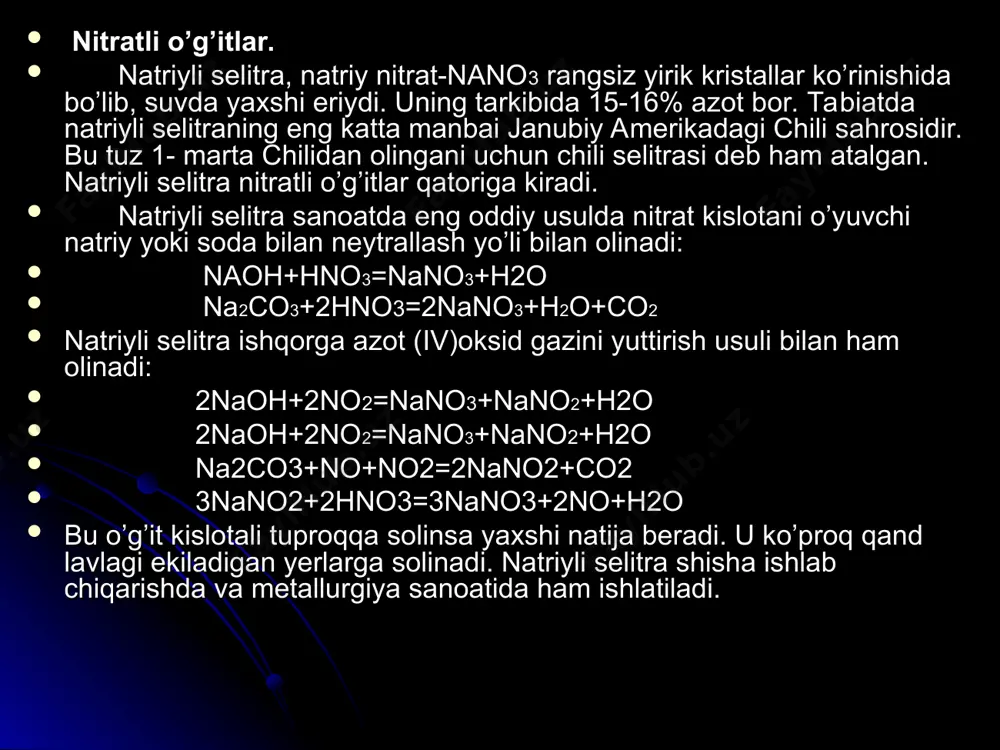 y oksid, azot va kislorodga ajraladi: 2nano3=2nano2+o2 selitraning ko’mir kukuni bilan aralashmasi o’t oldirilganda alangalanib ketadi, chunki bunday sharoitda uglerod selitraning parchalanishidan hosil bo’lgan kislorod bilan shiddatli birikadi. natriyli selitrani aniqlash. bu o’g’it oq rangli kristall modda suvda yaxshi eriydi. ushbu selitra tarkibida natriy borligi sababli alanga sariq tusga kiradi. kaliyli selitrani aniqlash. bu o’g’it oq rangli, mayda, quruq kristallar holiday bo’ladi. kaliyli selitra, natriyli selitra kabi cho’g’langan ko’mir ta’sirida parchalanib kislorod ajratib cjhiqaradi. bunda ko’mir yonadi va tarkibida kaliy borligi sababli alanga gunafsha tusga kiradi. fosforli o’g’itlarni aniqlash. tajriba. beshta probirkaga taxminan 1 g dan quyidagi mineral o’g’itlardan: fosforit uni, suyak talqoni, tomasshlak, pretsepitat va superfosfat soling. probirkalarning hammasiga 2-3 ml dan xlorid kislota quyib, probirkalardagi suyuqliklarni chayqating va tindirib qo’ying.so’ngra hosil qilingan xlorid kislotali eritmalardan 1 ml dan olib, alohida probirkalarga quying. ularning har qaysisiga taxminan shuncha hajm ammoniy molibdat eritmasidan qo’shing va qalay tayoqcha bilan aralashtiring, eritma …