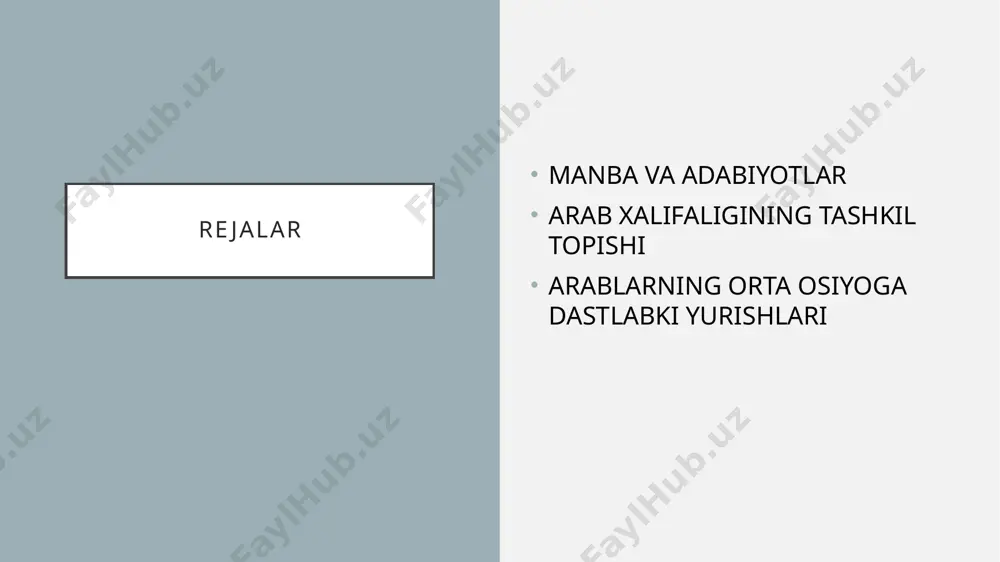 tisodiy yo‘nalishida yuqoridagi salbiy holatlar katta zarar etkazar edi. yuqoridagi vaziyat ham turli tabaqa, toifa kishilarining o‘zaro hamjihatlikka yagona, kuchli davlat atrofiga birlashishga chaqirar edi. aholi ichida ko‘p xudolik-butparastlik urf edi (xususan ka’bada 360 ta but bo‘lib, ularning eng yiriklari hubal va lut bo‘lgan). arab xalifaligining tashkil topishi shunday vaziyatda islom to‘g‘ri va haq yo‘lni ko‘rsatuvchi din sifatida yuzaga keldi. islom-bu alloh yagona deb e’tirof etib, unga bo‘ysunmoqlik va butun qalbi bilan unga ixlos qilmoqlik hamda alloh buyurgan diniy e’tiqodga iymon keltirmoqlik demakdir. islom “itoat”, “bo‘ysunish” ma’nolarini bildiradi. bu dinning asoschisi muhammad payg‘ambar (s.a.v.) (570-632) makkalik abdullohning o‘g‘li bo‘lgan. uning bobosi abumutallib quraysh qabilasining boshlig‘i bo‘lgan. muhammad payg‘ambarning ta’limotiga ergashganlarni “muslim” («musulmon»), ya’ni “itoatkorlar” deb yuritganlar. o‘z payg‘ambarlik faoliyatini muhammad makkada boshlagan. makka arabiston yarim orolining g‘arbiy qismidagi hijoz viloyatida joylashgan shahar bo‘lib, bu yerda ka’ba joylashgan edi. diniy ta’limotga ko‘ra ka’bani odam ato barpo qilgan bo‘lib, uni ibrohim payg‘ambar …