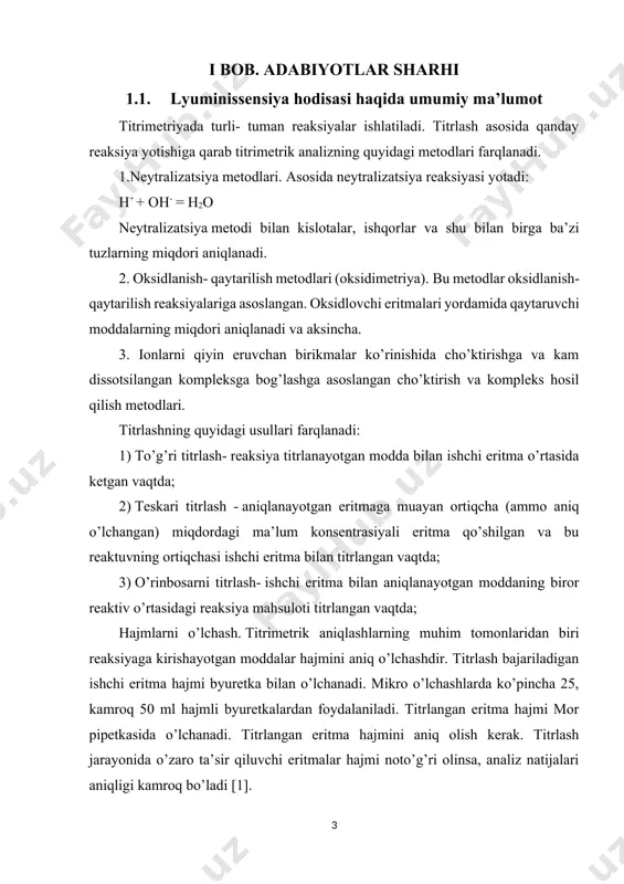eritma hajmi byuretka bilan o’lchanadi. mikro o’lchashlarda ko’pincha 25, kamroq 50 ml hajmli byuretkalardan foydalaniladi. titrlangan eritma hajmi mor pipetkasida o’lchanadi. titrlangan eritma hajmini aniq olish kerak. titrlash jarayonida o’zaro ta’sir qiluvchi eritmalar hajmi noto’g’ri olinsa, analiz natijalari aniqligi kamroq bo’ladi [1]. agar titrlashga juda kam yoki juda ko’p eritma sarflansa, titrlanadigan eritmaning boshqa hajmini olish kerak, toki titrlashga ketgan eritmaning hajmi byuretka umumiy hajmining 1/3 dan 2 /3 gacha qismini tashkil qilsin. ishchi eritmalar. ishchi eritma –deb odatda titrimetrik aniqlash o’tkaziladigan eritmaga aytiladi, ya’ni u bilan titrlanadi. ishchi eritma yordamida aniqlash o’tkazish uchun uning aniq konsentrasiyasini bilish kerak. titrlangan eritmalar (aniq konsentrasiyali eritmalar) tayyorlashning ikkita metodi bor. 1. analitik tarozida olingan aniq naveska o’lchov kolbasida eritiladi, ya’ni erigan moddaning miqdori va eritmaning hajmi aniq ma’lum bo’lgan eritma tayyorlanadi. bu holda eritmalar tayyorlangan titrli eritmalar deyiladi. 2. taxminan kerakli konsentrasiyali eritma tayyorlanadi, aniq konsentrasiyasini esa tayyorlangan titrli boshqa eritma bilan …