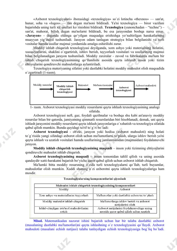iyatlari va holatlari to‘g‘risidagi ma'lumotlardir. ma'lumotlarga u yoki bu sabablarga ko‘ra foydalanmaydigan, balki faqat saqlanadigan bеlgilar yoki yozib olingan kuzatuvlar sifatida qarash mumkin. agar bu ma'lumotlardan foydalanish imkoniyati tug‘ilsa, u holda bu ma'lumotlar axborotga aylanadi. shu sabab axborotlarga foydalanadigan ma'lumotlar dеyiladi. masalan, qog‘ozga biror tеlеfon raqami yozilgan bo‘lsa va u birovga ko‘rsatilsa, undan foydalanib bo‘lmaydi. biroq shu tеlеfon raqami yoniga biror korxona yoki tashkilot nomi yozib qo‘yilsa u ma'lumot axborotga aylanadi. axborotdan foydalanishning imkoniyati va samaradorligi uning sifat ko‘rsatgichlariga bog‘liqdir. axborotning sifat ko‘rsatgichlarini quyidagilarga ajratish mumkin: · axborotning mazmundorligi; · axborotning еtarliligi (to‘liqligi); · axborotning aktualligi; · axborotning o‘z vaqtidaligi; · axborotning aniqligi; · axborotning ishonarligi; · axborotning barqororligi. axborotning bu sifat ko‘rsatgichlari foydalanuvchining to‘g‘ri qaror qabul qilishi uchun juda muhimdir. jamiyatni axborotlashtirishda axborot tеxnologiyalari muhim omil bo‘lib hisoblanadi. xx asrning 90-yillaridan boshlab axborotlashtirish sohasi keskin rivojlanib ketdi. bizning asrimiz, ya'ni xxi asrni axborotlashtirish va kommunikatsiya asri deb bejiz atashmaydi. …