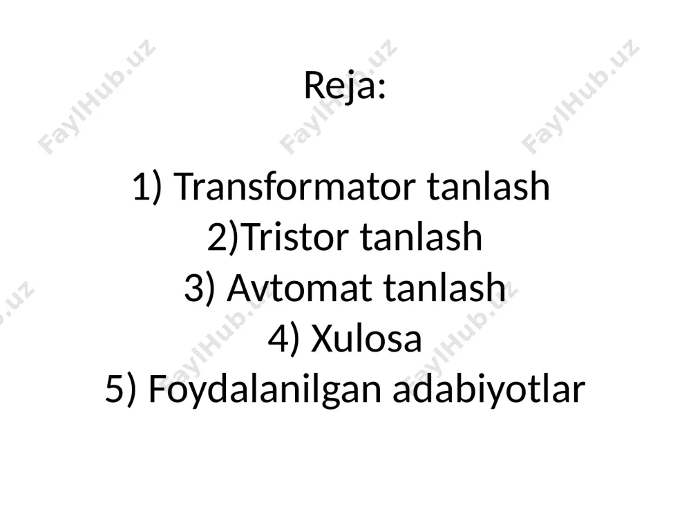 ki2=0,815); ki ─ tok formasining toʻg’riburchakdan chetlashuvini hisobga oluvchikoeffitsient(ki=1,02…1,08). i2 = 0,815∙1,05∙21,5 = 18.39 (a) moslashtiruvchi transformatorni tanlash va tekshirish transformatorning gabarit quvvati quyidagi ifoda bilan aniqlanadi. st = ks kvu2 id 10 ─ 3, bunda (2.4) ks=1,045 ─ uch fazali koʻprikli simmetrik sxema uchun transformatorning namunali quvvati. st=1,045∙2,34∙108,1∙21,5∙10─3=5,683 kva quyidagi shartlarga mos keladigan uch fazali transformatorni tanlaymiz: 1) sht ≥ st, st = 5,683 (kva); 2) u1yu = usl, usl = 380 (v); 3) u2h ≥√3u2f, √3u2f=√3108,1=187,234 (v); 4) i2h ≥ i2f, bunda sht ─ transformatorning nominal quvvati; u1yu ─ birlamchi chulg’am kuchlanishi; usl ─ liniya kuchlanishi; u2yu ─ ikkilamchi chulg’am kuchlanishi; u2f─ faza kuchlanishi; i2h ─ ikkilamchi chulg’am toki; tmg-10 tipidagi transformatorni tanlaymiz, uning texnik malumotlari: sht=10kva, u1yu=380 v, u2h=230 v, δrxx=56vt – salt yurish isroflari, δrqt=260vt – qisqa tutashuv isroflari, uqt=4,89% ─ qisqa tutashuv kuchlanishi, isyu=5% ─ salt yurish toki. sht=10kva, u1yu=380 v, u2h=230 v, δrxx=56vt – …