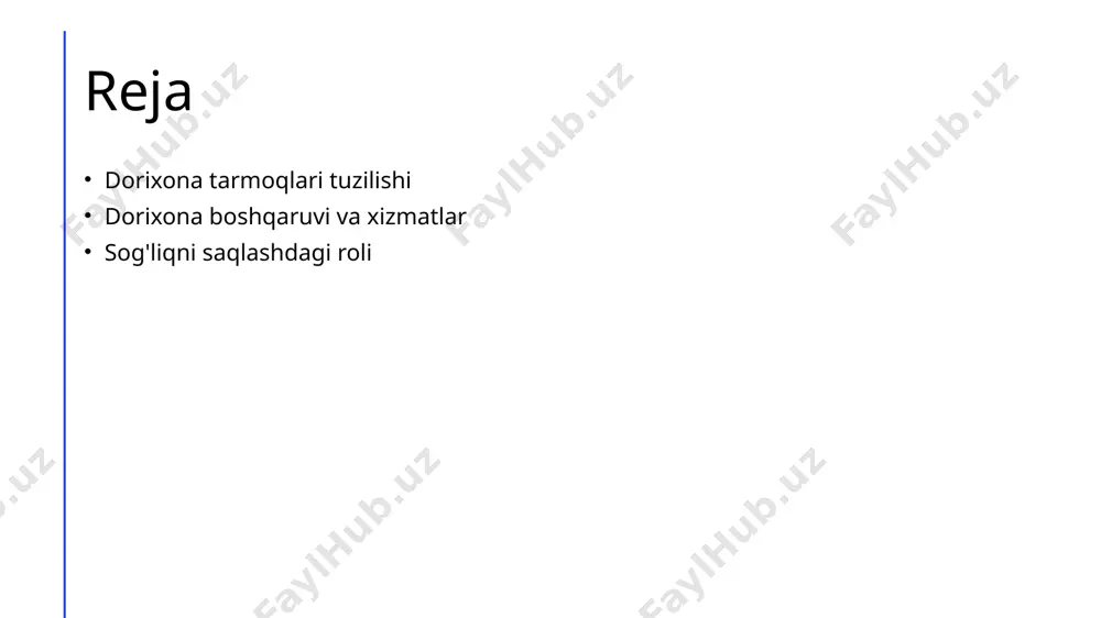 o'rsatish jarayonlarini samarali boshqaradi. sog'liqni saqlash integratsiyasi dorixona tarmoqlari sog'liqni saqlash tizimining muhim qismi bo'lib, u bemorlar uchun yaxlit xizmatlarni taqdim etadi va tibbiy yordamni kuchaytiradi. dorixona boshqaruvining asosiy tamoyillari va strategiyalari. 01 boshqaruv tamoyillari dorixona boshqaruvining asosiy tamoyillari, samaradorlik va sifatni oshirish uchun foydalanuvchilar va xodimlar o'rtasida ochiq muloqot o'rnatishga asoslangan. 02 strategik rejalashtirish dorixona tarmoqlari uchun strategik rejalashtirish, bozor talablarini tushunish va raqobatga qarshi turish uchun muhim ahamiyatga ega bo'lgan jarayondir. 03 sifat nazorati sifat nazorati, dorixona xizmatlarining standartlarga mos kelishini ta'minlash uchun doimiy ravishda monitoring va baholashni o'z ichiga oladi. 04 innovatsion yondashuv innovatsion yondashuv, dorixona boshqaruvida yangi texnologiyalarni joriy etish va mijozlarga xizmat ko'rsatishni yaxshilashga yordam beradi. dorixona xizmatlarining sifati va mijozlarga ta'siri. 1 dorixona xizmatlari sifati - dorixonalarda xizmatlar sifati, dorilarni taqdim etish va mijozlar bilan munosabatlar orqali belgilangan. yuqori sifat, mijozlar ehtiyojlarini qondirishda muhimdir. 2 mijozlarga ta'sir - dorixona xizmatlarining sifati mijozlarning ishonchini oshiradi, …