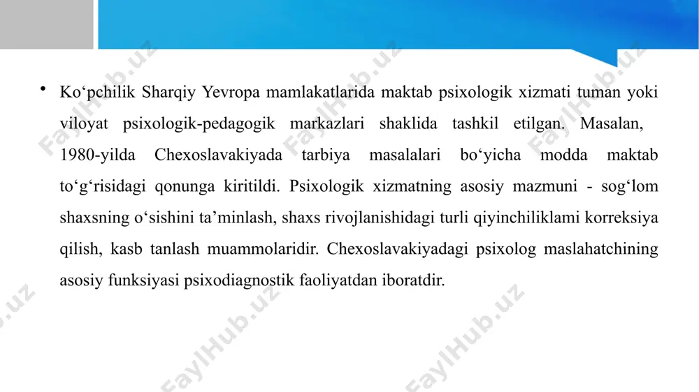agoglardan olingan ma’lumotlarni ham e’tiborga olish. 2. bolaning ilgarigi rivojlanish bosqichlari, oiladagi munosabat haqida, sog‘ligi haqida ma’lumot olishi uchun ota-onalar bilan suhbat. 3. boshqa mussasalardan ma’lumot yig‘ish, sog‘ligi haqida ma’lumot olish, bolani maktabda, uyda va boshqa hollarda kuzatish. psixologik metodlar bilan tekshiruvga muhim qo‘shimcha sifatida bolaning faoliyatini (rasmlari, qiziqadigan narsalarini) tahlil qilish kiradi. psixologik tashxis usullari art-terapiya musiqa terapiya ertak terapiya bibloterapiya psixodramma qo’g’irchoqterapiya art terapiya 1. past samootsenka (o‘ziga bo‘lgan past baho, hurmat). 2. depressiya yoki stress holati. 3. yashirin qo‘rquvlar. 4. o zini yolg‘iz his qilish. 5. asabiylashish, kayfiyatning tez o‘zgarishi. 6. hayotdagi ma'lum davrlar- o‘smirlik, homiladorlik, qarilik. 7. rivojlanishning kechikishi. 8. boshqalar bilan munosabatlar o‘rnatishda ishonchsizlik. mashg‘ulotlar odatda 1-2 soat davom etadi va haftada bir necha marta o‘tkaziladi. psixolog bemor yoki guruh bilan uchrashib, qulay materiallarm tanlab, ish boshlashni taklif etadi. tinch, do‘stona muhitda mutaxassis ishtirokchilarga o‘z hissiyotlari yoki taktil histuyg'ulariga e'tibor qaratishga yordam beradi. ijodiy jarayon …