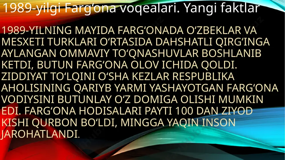 kil etilgani o‘zbekiston xalqining birligi va yakdilligini ta’minlagan muhim omillardan biri sanaladi. toshkentda mamlakatdagi milliy-madaniy markazlarning boshini qovushtirgan markaz ta’sis etildi, 1992-yil yanvarda u respublika baynalmilal madaniyat markaziga aylantirildi. o‘sha yillari o‘zbekistonda tatar, nemis, koreys, ozarboyjon, qozoq, yahudiy kabi 54 ta milliy va millatlararo markazlarga asos solindi. markazlar faoliyati, qolaversa, turli millat va elatlarning o‘z tarixi, adabiyoti, tilini o‘rganish, an’analar, milliy bayram, urf-odat va marosimlarni tiklash va rivojlantirish singari madaniy, ma’naviy va ijtimoiy talablarini qondirish uchun qulay muhit yaratildi. 1989-yilgi farg’ona voqealari. yangi faktlar 1989-yilgi farg’ona voqealari. yangi faktlar 1989-yil oktyabrda islom karimovning dadil siyosiy qadami mahsuli sifatida «davlat tili haqida»gi qonun qabul qilindi. ushbu qonun bilan uzoq vaqt ikkinchi darajada bo‘lib kelgan o‘zbek tiliga davlat tili maqomi berildi. bu hodisa o‘zbek xalqining milliy o‘zlik tuyg‘usi o‘sishida muhim rol o‘ynadi. qolaversa, bu mustaqillikka erishish yo‘lidagi dastlabki g‘alaba ham edi. bugun o‘zbekistonda 140 ga yaqin respublika va hududiy miqyosdagi milliy-madaniy markazlar …