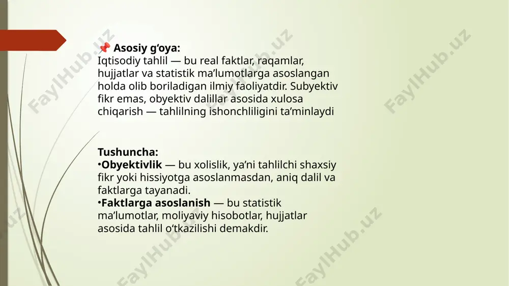 on yaratadi. tushuncha: ilmiy yondashuv — bu iqtisodiy jarayonlarni nazariy asosda o‘rganish, ilmiy metodlardan foydalanish va statistik ma’lumotlar asosida tahlil qilishdir. amaliy yondashuv — bu iqtisodiy jarayonlarni real sharoitda va konkret vaziyatlarda tahlil qilish, aniq natijalar olishga yo‘naltirilgan usuldir. ilmiy va amaliy yondashuvlarning birligi: ilmiy yondashuvlar amaliy ishlarning asosini tashkil qiladi, ya'ni nazariy bilimlar amaliyotda qo‘llaniladi. amaliy yondashuvlar esa ilmiy izlanishlarni sinab ko‘rish va tasdiqlash imkonini beradi, bu ilm-fan va amaliyot o‘rtasida o‘zaro aloqa yaratadi. statistik tahlil: qo‘llanilishi: bu metod iqtisodiy ko‘rsatkichlarning o‘zgarishini tahlil qilishda ishlatiladi. misol uchun, ishlab chiqarish hajmi, ish haqi, narxlar o‘zgarishlarini aniqlashda statistik metodlar (o‘rtacha qiymatlar, dispersiya, korrelyatsiya va boshqalar) qo‘llaniladi. amaliyotdagi misol: davlat statistikasi orqali inflyatsiya darajasi, ishsizlik darajasi yoki eksport-import balansining o‘zgarishini o‘rganish. solishtirma tahlil (komparativ tahlil): qo‘llanilishi: bu metod turli davrlar yoki hududlar orasidagi iqtisodiy ko‘rsatkichlarni solishtirishga yordam beradi. odatda, iqtisodiy tahlilchilar biror bir sohani yoki bozorni tahlil qilish uchun solishtirma ma’lumotlardan foydalanadilar. …