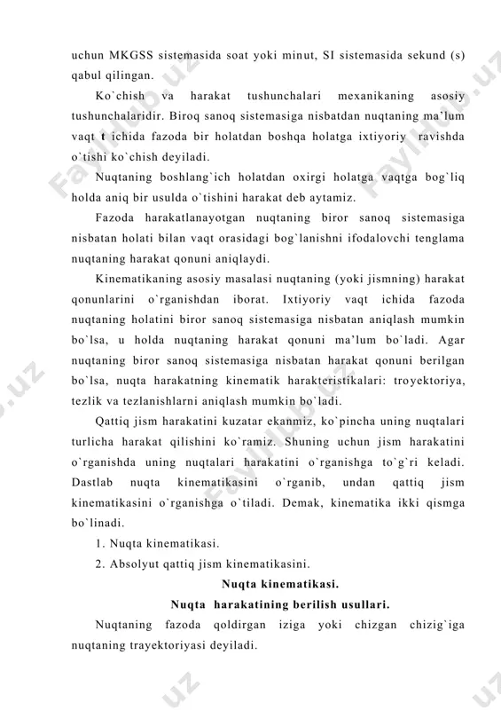a​nishi w ham trayektoriyaning botiq tomoniga qarab yo`nalgan bo`ladi. nuqta tezlanishining birligi m/sek2 bilan o`lchanadi. nuqta harakati koordinatalar usulida berilganda uning tezlanishini aniqlash. nuqta koordinatalari vaqtni funktsiyasi shaklida berilgan bo`lsin (102-rasm). 102-rasm x=f1(t); y=f2(t); z=f3(t) nuqta tezligining moduli va yo`nalishi topilsin. nuqta tezligini koordinata o`qlari bo`yicha yo`nalgan tashqil etuvchilari orqali quyidagicha yozamiz. (16) bunda (x, (y, (z - tezlikning proyeksiyalari. qo`zg`almas koordinata o`qlari bo`yicha yo`nalgan birlik vektorlar (17) formulani (15) formulaga qo`yib vaqt bo`yicha hosila olamiz. (17) (17)-formuladagi birlik vektorlari oldidagi koeffisiyentlar nuqta tezlanishining proyeksiyasini ifolaydi. (18) yoki (18) bunda wx, wy, wz - tezlanishning proyeksiyasi (18) yoki (17) formulalar bilan nuqta tezlashining qo`zg`almas x,y,z o`qlaridagi proyeksiyasini aniqlaymiz. nuqta tezlashining proyeksiyasini tezlik proyeksiyalaridan vaqt bo`yicha olingan birinchi tartibli yoki nuqtaning tegishli koordinatalaridan vaqt bo`yicha olingan ikkinchi tartibli hosilaga teng. nuqta tezlanishining moduli va yo`nalishi quyidagi formula bilan topiladi. (19) bunda (,(,(,- bilan x,y,z o`qlari orasidagi burchaklar (103-rasm). 103-rasm (20) n …