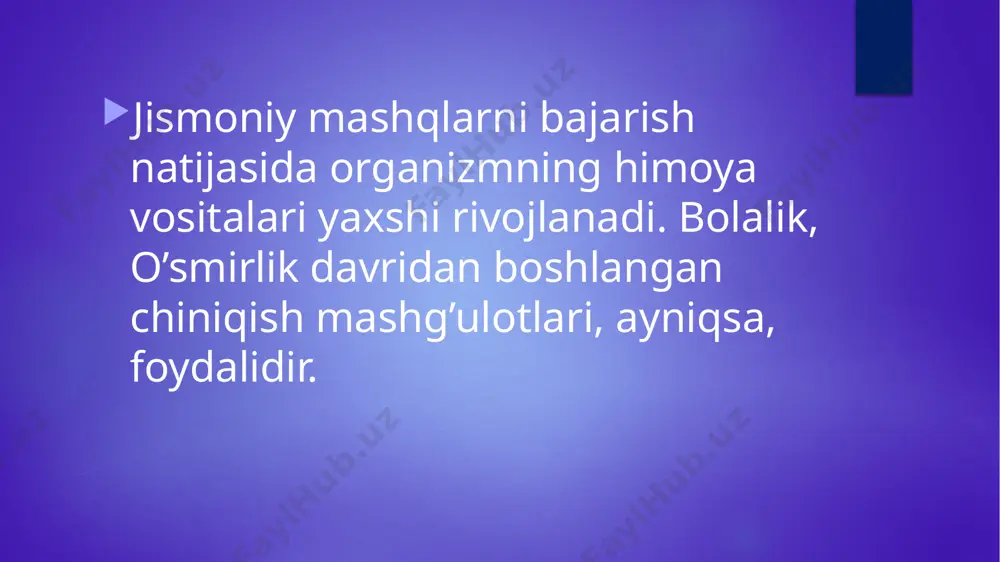 di. yurak chiniqadi va yana chidamli bo’ladi. shu sababli faol jismoniy harakat qilgan kishilar tetik, ruhan yengil, quvvatga to’lgan, kayfiyati yuqori, dili ravshan bo’ladi. abdurauf fitrat ijtimoiy tarbiya negizida jismoniy tarbiyani tashkil etish, shaxsning salomat va baquvvat qilib tarbiyalashga alohida urg’u beradi. uning «rahbari najot» asarining«bola tarbiyasi» bobida badantarbiyani tashkil etish borasida quyidagi fikrlar ilgari surilgan: «insonning butun a‘zosi salomat va quvvatga ega bo’lmasa, inson uzoq yashamaydi. agar tanadagi a‘zolardan biriga xalal tegsa, u ishdan qo’lini tortib, boshqalarning muhtojiga aylanadi». inson uzoq va tinch hayot kechirish maqsadida sog’lom, tetik va baquvvat bo’lishga, o’z yoshligi, husni hamda ishchanlik qobiliyatini saqlashga harakat qiladi. bunga erishishning asosiy omillaridan biri jismoniy harakatdir. jamiyatimizda sog’lom turmush tarzini qaror toptirish davlat siyosati darajasiga ko’tarilib, ayni vaqtda mamlakatimizda jismoniy jihatdan yetuk, sog’lom avlodni tarbiyalash borasida tub islohotlar amalga oshirilmoqda. o’zbekiston respublikasining «jismoniy tarbiya va sport to’g’risida»gi qonuni hamda vazirlar mahkamasining «o’zbekistonda jismoniy tarbiya va sportni yanada rivojlantirish …
