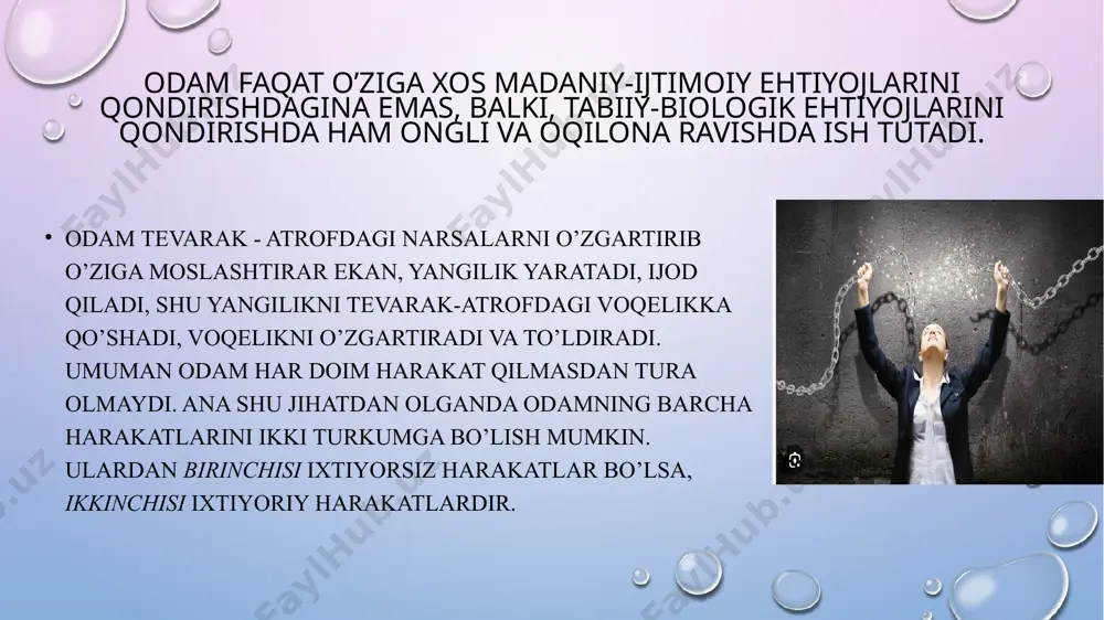 nchasi deb e'tirof etgan. uning fikricha, iroda inson xulq-atvorini o’zgartirishini boshqarish imkoniyatiga ega bo’lgan omil hisoblanadi. gumanitar yo’nalish, ya'ni inson muammolariga e'tiborning ortishi bilan o’zo’zidan irodani o’rganish ham dolzarb masalaga aylanib bormoqda. xviii-xix asrlarda bu muammo eng markaziy psixologik tadqiqot masalalaridan biri edi. biroq psixologiya fanida xx asr boshlarida ro’y bergan inqiroz tufayli u ikkinchi rejaga o’tib qoldi, uni mutlaqo inkor etish mumkin emas. . xvii asrdayoq gobbs va spinozalar ta'kidlab o’tganlaridek, faollik manbaini bemahsul sohaning paydo bo’lishi, deb tushuntirish mumkin emas, chunki uning shaxsiy kuch-quvvatini hissiy intilish bilan uzviylikda qarash lozim. spinozaning fikricha, iroda bilan aql aynan bir narsadir. unga bunday yondashish irodaning ilmiy nuqtai nazardan tushuntirishni shakllantirgan bo’lsa, ikkinchi bir tomondan u mustaqil substansiya sifatida tan olindi. . v.vundtning mulohazasicha, irodaning negizida appersepsiya aktining sub'ekti tomonidan ichki faollik uniki ekanligini his etish yotadi. uning bu konsepsiyasi emosional yoki affektiv nom bilan psixologiya faniga kirib keldi. appersepsiya (lot. ad …