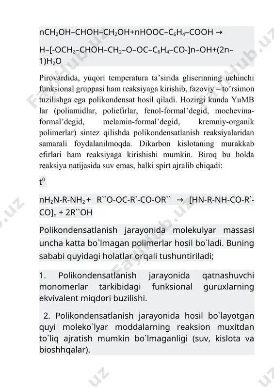 ularning ko’pchiligi jarayon davrida saqlanib qoladi, ya‘ni chiziqsimon polekondensattsialanish jarayoniga nisbatan uchlamchi polekondensatlanish jarayonida qatnashayotgan monomerlarning funktsional aktiv guruhlaridan foydalanish darajasi kam bo’ladi. uchlamchi polekondensatlanish va polimerlanish jarayonlarini amaliyotda qo’llanilganda ayrim hollarda uchta muhim bosqichlarga e‘tibor beriladi. birinchi bosqich: p pkr) hosil bo’lgan polimer suyuqlanmaydi va erituvchilarda erimaydi. ko’pchilik hollarda jarayonni ma‘lum sharoitlarda o’tar holat to’xtatib, reaktsion massani qizdirib yoki katalizatorlar qo’shish bilan reaktsiyani qaytadan davom ettirish mumkin. bu o’tar holat bosqichini polimerlarni qayta ishlash (shakillantirish) davrida to’g’ridan-to’g’ri olib borib haroratga, agressiv muhit ta‘siriga chidamli mahsulotlar olinadi. shu sababdan ham yuqori molekulyar birikmalar ishlab chiqarish jarayonida polimerlarni termoreaktiv, (harorat ta‘siriga chidamli-reaktoplast) harorat ta‘sirida suyuqlanmaydigan va erimaydigan holatga o’tadigan polimerlarga va termoplastik harorat ta‘sirida ishlaganda plastiklik xossasini yo’qotmaydigan polimerga bo’linadi. shu sababdan ham hozirgi kunda yuqori molekulyar birikmalar (poliamidlar, poliefirlar, fenol-formaldegid, mochevinaformaldegid, melamino-formaldegid, ditsian-diamid, kremniy-organik polimerlar) olishda polekondensatsiyalanish jarayonlaridan keng foydalaniladi. polikondensatlanish jarayoni dastlabki reaktsiyaga kirishayotgan monomerlarning tuzilishiga, tabiatiga va reaktsion …