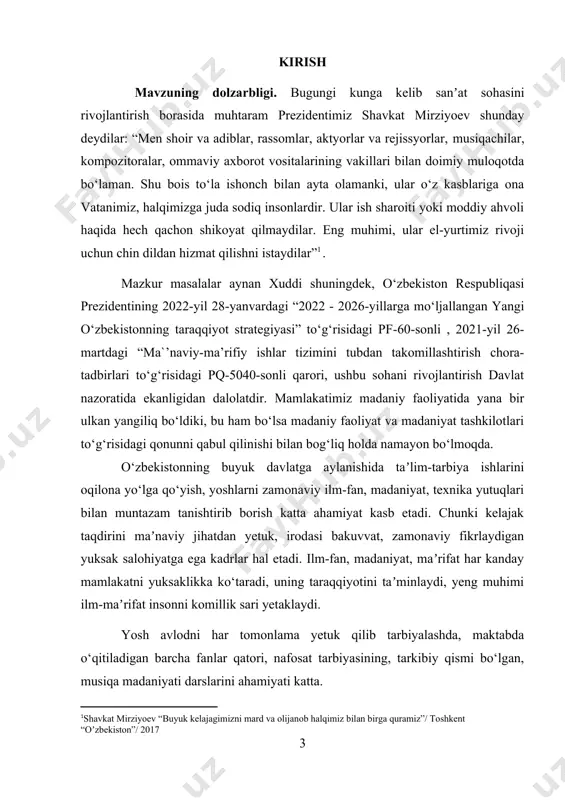 alban ulg‘ayishiga chorlaydigan, irodasi, iymon-ehtiqodini butun qiladigan, vijdonini uyg‘otadigan beqiyos kuch ham qo‘shiqdir. barkamol inson, komil inson tarbiyasida musiqaning, qo‘shiqning kuchi va axamiyati kattadir. taʼkidlab o‘tish joizki, maʼnaviy-ahloqiy barkamollik, insoniy komillik bizga ota-bobolarimizdan o‘tib kelayotgan bebaho meʼrosdir. aslida insonning eng olijanob va muqaddas burchi – vatanga, millatga fidoiy bo‘lib xizmat qilishdir. tabiiyki, yoshlarning maʼnaviy dunyosini shakllantirishda tarixiy va milliy maʼnaviy omillar bilan birga vatanparvarlik ruhidagi qo‘shiqlarning kuchi va ahimyati kattadir. o‘zbekiston mustaqillikga erishgach, davlatimiz rahbariyati tomonidan qo‘shiqchilik sanʼati rivojiga, ayniqsa vatanparvarlik ruhidagi qo‘shiqlarga katta eʼtibor berilib kelmoqda. musiqiy milliy cholg‘uarimiz orqali yoshlarninig nafaqat vatanga bo‘lgan muhabbat his tuyg‘usini, tafakkurini tarbiyalaymiz, balki ko‘plab o‘quv-pedagogik va badiiy – ijodiy masalalarni hal yetishimiz mumkin. vatanparvarlik ruhidagi asarlar badiiy tafakkur, hissiy taʼsirchanlik rivoji doirasida talabalar uchun juda foydali materialdir. ular ijrosida talaba yirik shakldagi keskin xarakterlardagi obrazlarni ifodalashni, butun musiqiy boylikni va taʼsirchanlik imkoniyatlarini ishlatmoqni o‘rganadi. vatanparvarlik asarlari asosida yosh avlodni va jamiyatni xaqiqiy …