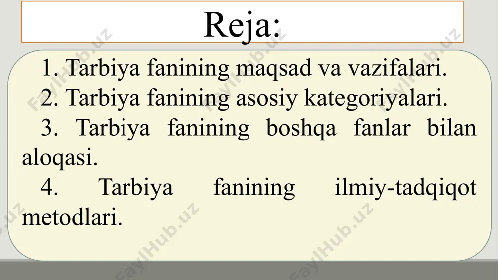 amiyat a’zosi. tarbiya bu – muayyan, aniq maqsad hamda ijtimoiy-tarixiy tajriba asosida yosh avlodni har tomonlama o‘stirish, uning ongi, xulq-atvori va dunyoqarashini tarkib toptirish jarayoni. ta’lim – o‘quvchilarni nazariy bilim, amaliy ko‘nikma va malakalar bilan qurollantirish, ularning bilish qobiliyatlarini o‘stirish va dunyoqarashlarini shakllantirishga yo‘naltirilgan jarayon. bilim – shaxsning ongida tushunchalar, sxemalar, ma’lum obrazlar ko‘rinishida aks etuvchi borliq haqidagi tizimlashtirilgan ilmiy ma’lumotlar majmui. ko‘nikma – shaxsning muayyan faoliyatni tashkil eta olish qobiliyati. malaka – muayyan harakat yoki faoliyatni bajarishning avtomatlashtirilgan shakli. ma’lumot – ta’lim-tarbiya natijasida o‘zlashtirilgan va tizimlashtirilgan bilim, hosil qilingan ko‘nikma va malakalar hamda tarkib topgan dunyoqarash majmui. tarbiya fanini o‘qitish asoslari metodikasining fanlar bilan bog‘liqligini quyidagicha ifodalash mumkin: - pedagogika - falsafa - psixologiya - gigiyena - tarbiya ishlar metodikasi - anatomiya, fiziologiya - etika image2.jpeg /docprops/thumbnail.jpeg
