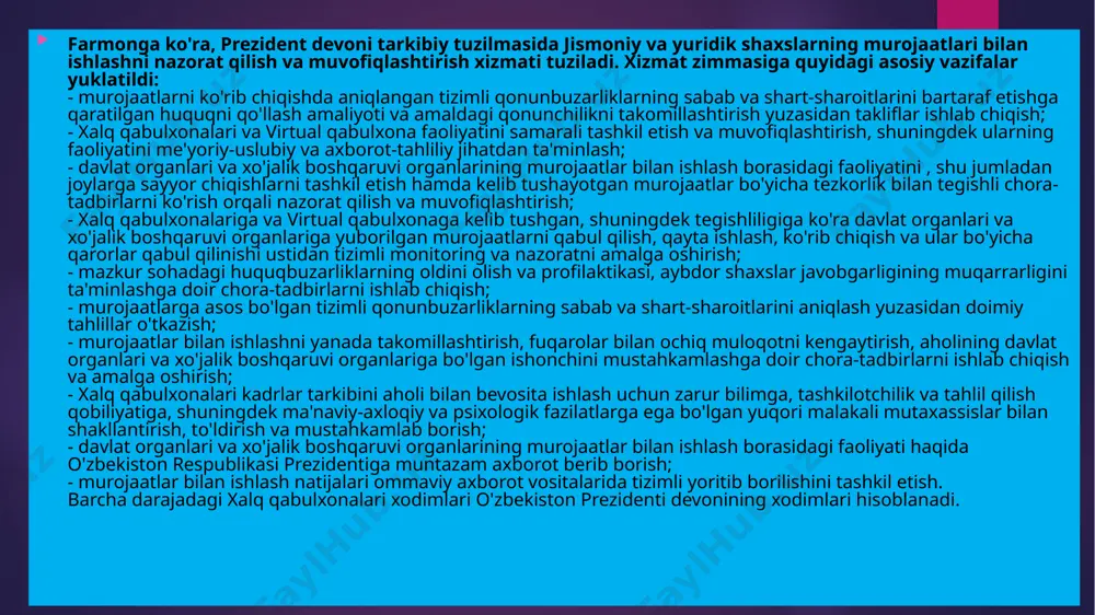 1 yillarda prezident virtual qabulxonasi va xalq qabulxonalariga kelib tushgan 5 million 780 mingdan ziyod murojaatlar ko‘rib chiqildi, shundan 3 million 288 mingdan ortig‘i qanoatlantirildi. murojaatlarning to‘liq, o‘z vaqtida va qonuniy o‘rganib chiqilishi natijasida ularni qanoatlantirish darajasi ham yil sayin oshib bormoqda. xususan, bu ko‘rsatkich 2017 yilda 47,5 foiz, 2018 yilda – 53,9, 2019 yilda – 60,9, 2020 yilda 60,4 foiz bo‘lsa, 2021 yili 86,7 foizni tashkil etdi. hal bo‘lgan har bir murojaat ortida esa nainki bir kishi, balki bir qancha oilalar taqdiridagi o‘zgarishlar mujassam. murojaatlar tahlili dasturlar va normativ-huquqiy hujjatlar loyihalarini shakllantirishga asos bo‘la boshladi. murojaatlar tahlili asosida so‘nggi besh yilda chegaralar ochilishi, yaqin qo‘shnichilik aloqalari tiklanishi, fuqarolik, propiska tizimlari, afv etish, pensiya, valyuta siyosatini isloh qilish, buziladigan ko‘chmas mulk ob’yektlari mulkdorlariga kompensatsiya berish, “obod qishloq”, “obod mahalla” dasturlarini amalga oshirish va boshqa masalalar bo‘yicha qabul qilingan muhim hujjatlar xalqning davlatdan rozi bo‘lishiga, tizimli muammolar hal qilinishiga xizmat qildi. …