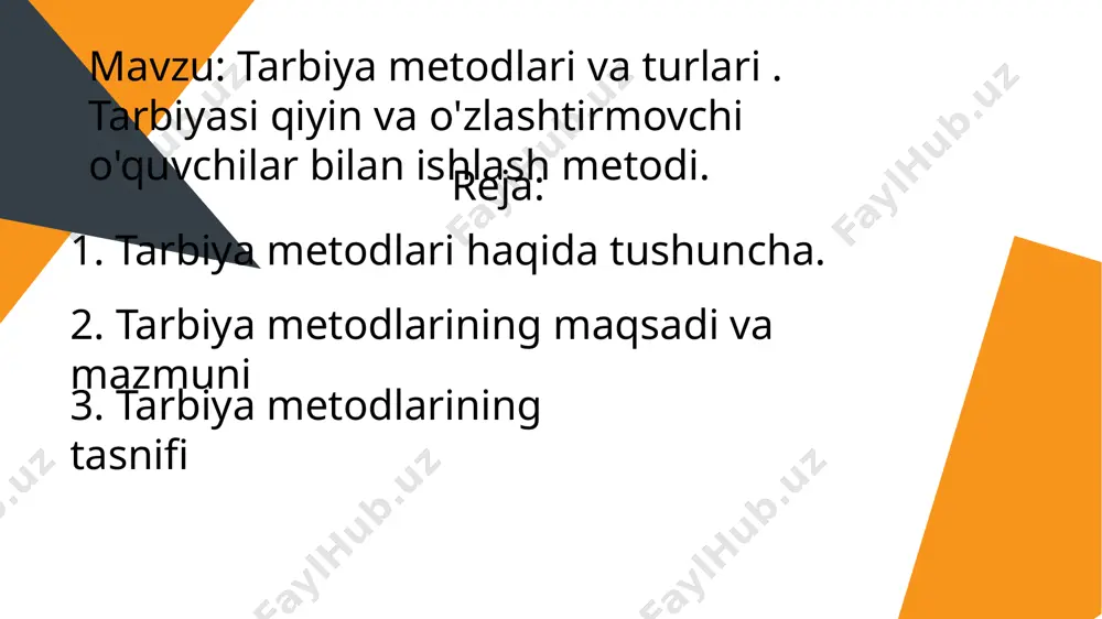 usullar deganda ta’sir ko‘rsatishlar birligi, vosita deganda, usullar yig‘indisi tushuniladi. vosita – bu usul ham emas, metod ham emas. masalan, mehnat – tarbiya vositasi, biroq uni ko‘rsatib berish, mehnatni baholash, ishdagi xatoni ko‘rsatish – bu usullar. so‘z (keng ma’noda) – tarbiya vositasi, biroq replika taqkoslash – usullar. bu bilan bog‘liqlikda ba’zan tarbiya metodlari qo‘yilgan maqsadni muvafaqqiyatli amalga oshirish uchun foydalaniladigan usul va vositalar tizimi sifatida aniqlanadi. xuddi shuningdek metodning tuzilishida usullar va vosita albatta mavjud bo‘ladi. metodning ijobiy va salbiysi bo‘lmaydi, tarbiya jarayonida ma’lum yo‘lni yuqori darajadagi samarali va samarasiz deya baholash mumkin emas. metodning samaradorligini u qo‘llanilayotgan sharoit nuqtai nazaridan baholash mumkin. tarbiya metodlarini maqsadga muvofiq tanlash bir qator omillarga bog‘liq. 1. tarbiyaning maqsad va vazifalari. maqsad nafaqat metodlarni oqlaydi, balki ularni aniqlab beradi. maqsad qanday bo‘lsa, unga erishish metodlari unga muvofiq bo‘lishi zarur. 2. tarbiya mazmuni. unutmaslik kerakki, aynan bitta vazifa turli xil fikrlar bilan to‘ldirilgan bo‘lishi mumkin. …
