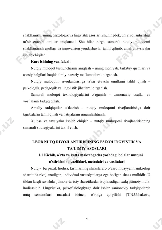 amoaviy o‘yinlarda o‘yinga kirishib ketish uchun sharoitlar yaratish. o‘z nutq faolligi paydo bo‘lishini rag‘batlantirish: muloqotdagi sheriklarga iltimos va takliflar bilan murojaat qilish; o‘yin vaziyatlari, o‘rin bosuvchi buyumlar, rollarni belgilashda nutqdan foydalanish.buyumlar xususiyatlari va ularning qanday maqsadda ishlatilishiga, turmushdagi sababli aloqalar va munosabatlarga qiziqishni, qiziqtirayotgan masalaga oid savollarni va qisqa matn shaklidagi (3-4 ta gap) mulohaza va fikrlashlarni rag‘batlantirish.lug‘at. bolalarni buyumlarning yangi nomlari, ularning sifati, umumlashtiruvchi nomlari bilan tanishtirish, qiyoslashda qarama-qarshi ma'noli (antonimlar) so‘zlardan foydalanishga, ko‘rgazmali vaziyatga tayanmasdan lug‘atdan foydalanishga undash. grammatik qurilish. yangi so‘zlarni grammatik jihatdan o‘zgartirishga va gapdagi so‘zlar bilan kelishtirishga undash. so‘zlar va ularning shakllarini mustaqil ravishda hosil qilish, nomlar o‘rtasidagi rasmiy-semantik aloqalarni tadqiq qilishning o‘ziga xos bolalarcha usuli sifatida so‘z ijodkorligidan foydalanish. narsalar va hodisalar o‘rtasidagi aloqalarga oid o‘z tushunchalarini murakkablashtirilgan gap tuzilmasi (yoyilmagan oddiy, bog‘langan qo‘shma gap va ergashgan qo‘shma gap) orqali aks ettirish. nutqning tovush madaniyati. fonematik qabul qilishni rivojlantirish (berilgan u yoki bu tovushni …