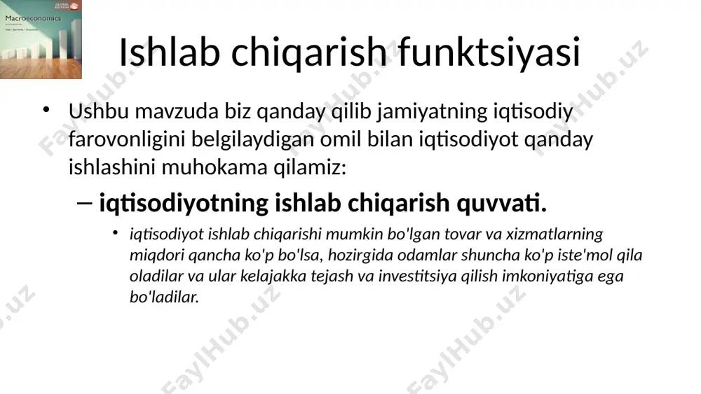 gri chizig'i bilan bir xil, chunki muvozanatda w = mpn ishchi kuchiga talab egri chizig'i pastga qarab yo`nalgan bo'ladi; ish haqi qancha yuqori bo'lsad, firmalar shuncha kamroq ishchi kuchi jalb qiladilar mehnatga bo'lgan talab ish kuchi talab egri chizig'ini o'zgartiradigan omillar izoh: ish haqining o'zgarishi egri chiziqning siljishi emas, balki ishchi kuchiga talab egri chizig'i bo'ylab harakatlanishni keltirib chiqaradi tashqi shoklar: ijobiy vs salbiy kapital hajmi: yuqori kapital hajmi mpnni ko'taradi, shuning uchun ishchi kuchiga talab egri chizig'ini o'ng tomonga siljitadi; pastroq kapital uchun aksincha 3.3-jadval. clip joint-ning foydali mahsuldorlik zarbasidan keyin ishlab chiqarish funktsiyasi mehnatga bo'lgan talab ish kuchiga jami talab jami ishchi kuchi talabi - bu barcha firmalarning ishchi kuchiga bo'lgan talabining yig'indisi tashqi shoklar,kapital zaxiralari hajmi jami ishchi kuchi talabining o'zgarishini keltirib chiqaradi shakl 3.6 ijobiy tashqi shokining ishchi kuchi talabiga ta'siri qisqa xulosa ishchi kuchi taklifi mehnat taklifi shaxslar tomonidan belgilanadi jami ishchi kuchi - bu …