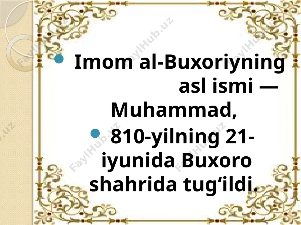 ‘lmoq; kambag‘alligida ham sadaqa berib turmoq. yaxshi muomala qilinmog‘iga kim haqliroq? abu hurayra rivoyat qiladilar: «bir odam rasululloh sollallohu alayhi vasallamning huzurlariga kelib: «yo rasululloh, mening yaxshi muomala qilmog‘imga kim haqliroqdir?» - deb so‘radi. janob rasululloh: «onang!» — deb aytdilar. u: «yana kim?» — deb so‘radi. janob rasululloh: «onang!» — dedilar. u: «yana kim?» - dedi. janob rasululloh: «onang!» — dedilar. u: «yana kim?» — deb so‘radi. janob rasululloh (bu safar): «otang!» — deb javob qildilar». bilimingizni sinang! jadvalning chap tarafidagi so`z va raqamlarni o`ng tomondagi katakka izohlab yozing savollarga javob bering. 1. “muhaddis” so’zining ma’nosi? 2. qur’oni karimdan keyingi eng muhim qo’llanma? 3. “sahih va nosahih” so’zlarining ma’nosi? 4. hadislar kimning so’zlari va kimlardan yig’ilgan? 5. roviylar deb kimlar aytilgan? 6. sahobalar kimlar? 7. tobeinlar kimlar 8. hadislar necha qismdan iborat bo’lgan? 9. sanad nima? 10. matn nima? audio1.wav image2.jpeg image3.jpeg image4.jpeg image5.jpeg image6.jpeg image7.jpeg image8.jpeg image9.jpeg image10.jpeg image11.jpeg …