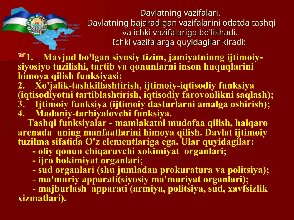 ida saqlanib qolgan. lekin bu monarxiyalarda boshqarish mohiyati turlicha, ayrimlarida monarxlar cheksiz hokimiyatga ega, ularni absolyut yoki cheksiz monarxiyalar deb atashadi. bu monarxiyalar asosan osiyoda (saudiya arabistoni, bruney, ummon, qatar) joylashgan. ularning saqlanib qolish sabablari ijtimoiy munosabatlarning rivojlanmaganligi va bu mamlakatlarning tabiiy resurslarga, asosan neftga boy ekanligi. давлат органлари ва давлат муассасалари янги пайдо бўлган функцияларга мослашиши тақозо этилади. масалан, ўзбекистон мустақил бўлгач, аввал унда бўлмаган қатор функцияларнинг вужудга келиши, тегишлича давлат органлари ташкил этишни талаб этди: солиқ, божхона, чегара, хусусийлаштиришга масъул давлат органлар тизими ташкил этилди ва ҳоказо. respublikalarni ham o'z navbatida ikki toifaga: parlamentar va prezidentlik respublikalariga bo'lishadi. parlamentar respublikada halq saylovlarda parlamentni saylaydi, parlament esa o'z navbatida eng ko'p ovoz olgan partiya vakillaridan bosh vazirni va ijro etuvchi hokimiyatni tayinlaydi. bosh vazir parlamentga bo'ysunadi va parlament tomonidan vakolatidan olinishi mumkin. prezidentlik respublikasida davlatning rahbari-prezident umum- xalq saylovlarida parlament saylovlaridan mustaqil ravishda saylanadi va parlamentga bo'ysunmaydi. prezident katta …