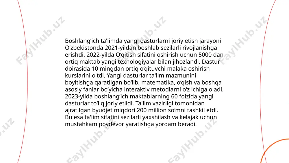 otgan bo'lib, masofaviy ta'lim platformalari 190 dan ortiq mamlakatda faoliyat yuritadi. dastlabki bosqichlarda sinov tariqasida qo'llanilgan raqamli o'quv resurslari 2022-yilda 70% ortiq maktablarda joriy etilgan. shuningdek, sun'iy intellekt asosida ishlab chiqqan dasturlar yakka tartibdagi talabalarga moslashtirilgan o'qitish imkoniyatlarini taqdim etmoqda. zamonaviy texnologiyalar bilan uyg'unlashgan ta'lim tizimlari orqali talabalarning o'zlashtirish ko'rsatkichlari 30-40% ga yuqori ekanligi aniqlangan. elektron kutubxonalar va virtual laboratoriyalar yordamida, talabalarning ilmiy tadqiqotlarni amalga oshirish darajasi 60% oshdi. shu bilan birga, 2023-yilda, ta’lim sohasida blokcheyn texnologiyalari foydalanish hajmi 50% ga yetdi. ... t.me/slaydai_bot 10. kasb-hunar ta'limi tizimini transformatsiya qilish. o‘zbekistonning 2030-yilgacha bo‘lgan rivojlanish strategiyasida kasb-hunar ta’lim tizimini transformatsiya qilish muhim o‘rin egallaydi. statistik ma’lumotlarga ko‘ra, 2022-yilda kasb-hunar ta'limi davlat kollejlariga qariyb 100 ming o‘quvchi qabul qilindi va 2023-yilgacha bu raqamni 1,5 baravar oshirish rejalashtirilgan. transformatsiya jarayonida, 2025-yilgacha, 80 foiz kollejlarni zamonaviy o‘quv dasturlari va texnologiyalar bilan ta’minlash ko‘zda tutilgan. shuningdek, 2024-yil oxirigacha 50 dan ortiq yangi kasb-hunar yo‘nalishlari joriy …