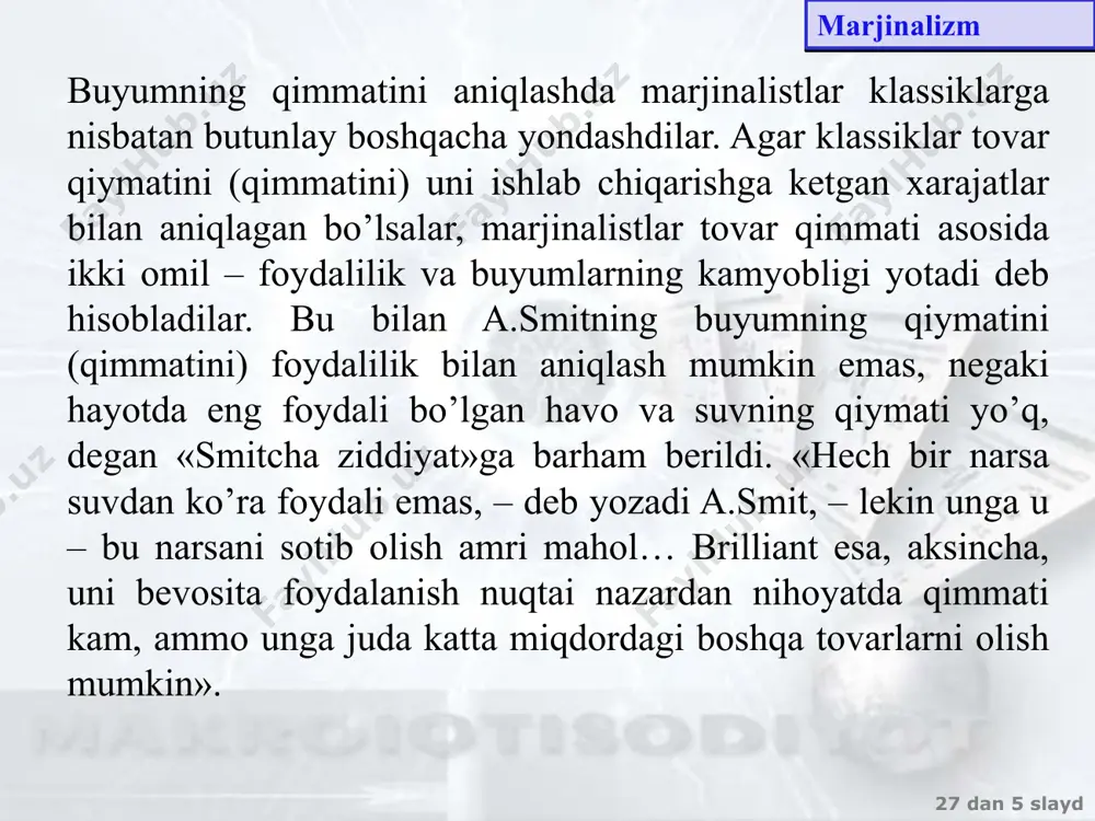 i nazariy tizim yaratdi. 27 dan ‹#› slayd 12 mavzu. iqtisodiy o’sish qiymat va narxning shakllanishi a.marshallning asari vujudga kelgunga qadar tovar qiymati muammosiga bo’lgan ikki xil yondashuv mavjud bo’lgan: qiymat a)ishlab chiqarish xarajatlari; b)tovarning foydaliligi va noyobligi orqali aniqlangan. marshall inqilobi qiymatning birinchi sababini qidirishni tahlil qilishdan talab va taklifning shakllanish va o’zaro ta’sir ko’rsatish qonuniyatlarini o’rganishni tahlil qilishga o’tishning zarurligini asoslab berdi.qiymat nazariyasini baho nazariyasiga (yoki bozor muvozanati nazariyasi) turlantirdi. me’yorli foydalilik nazariyasini talab va taklif nazariyasi va ishlab chiqarish xarajatlarinazariyasi bilan birlashtirdi ishlab chiqarish xarajatlari tamoyillari va me’yorli foydalilik – talab va taklif qonunining asosiy qismlaridir. marjinalistlarni asosiy xatosi talab va taklif simmetriyasiga yetarlicha baho bermaganliklari,yutug’lari talab muammosiga e’tibor berganliklari hisoblanadi. 27 dan ‹#› slayd 12 mavzu. iqtisodiy o’sish qiymat 27 dan ‹#› slayd 12 mavzu. iqtisodiy o’sish talab taklif foiz stavka va talab bahosi foiz kamayishi bilan insonlar kam jamg’aradilar va aksincha. shogirdi j.m.keyns talab bahosi …