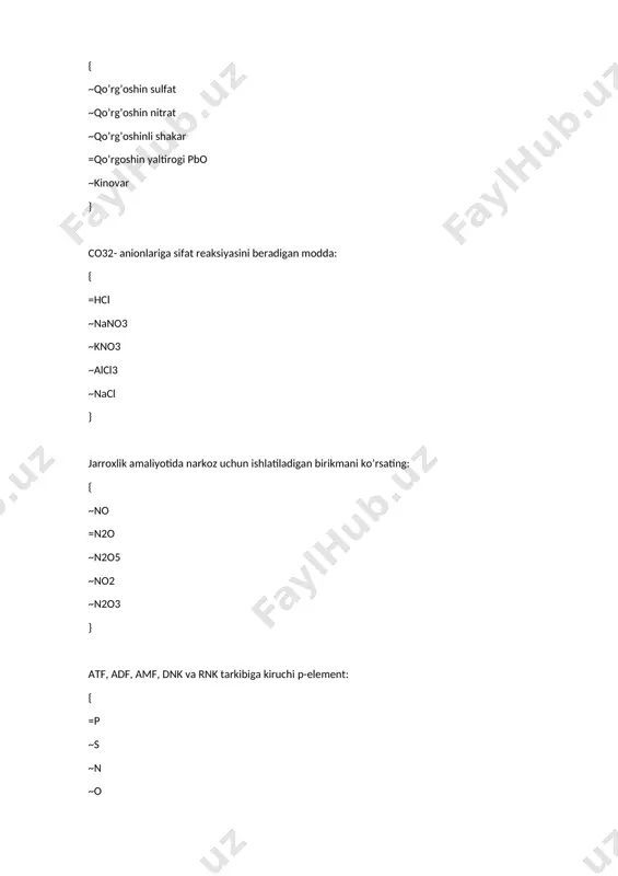 ~norsulfazol ~sulfadimezin ~nootropil } koagullanish - bu: { ~zarrachalarning parchalanishi ~zarrachalarning peptizator ta’sirida maydalanishi ~zarrachalarning birlashishiga tо‘sqinlik qilish =molekulalararo tortishish kuchlari hisobiga zarrachalarining yiriklashishi ~og‘irlik kuchi hisobiga zarrachalarning yiriklashishi } kolloid dispers sistemalarga chin eritmalarning quyidagi xossasi xos: { =broun xarakati ~nur tarqatish ~ionlarga dissotsiatsiyalanish ~geterogenlik ~elektrolit bо‘lishi } kolloid dispers sistemalarga chin eritmalarning quyidagi xossasi xos: { ~elektrolit bо‘lish =osmotik bosim ~nur yutish ~ionlarga dissotsiatsiyalanish ~geterogenlik } kolloid dispers sistemalarga chin eritmalarning quyidagi xossasi xos: { ~elektrolit bо‘lish =diffuziya ~nur yutish ~ionlarga dissotsiatsiyalanish ~geterogenlik } chin eritmalardan kolloid-dispers sistemalarni ajratib turuvchi spetsifik xossalaridan biri - bu: { ~suvdagi eruvchanligi ~broun xarakati ~osmotik bosimi mavjudligi ~diffuziya =nurni tarqatish } chin eritmalardan kolloid-dispers sistemalarni ajratib turuvchi spetsifik xossalaridan biri - bu: { ~suvdagi eruvchanligi ~broun xarakati ~osmotik bosimi mavjudligi ~diffuziya =molekulalarni agregatlanishga intilishi } chin eritmalardan kolloid-dispers sistemalarni ajratib turuvchi spetsifik xossalaridan biri - bu: { ~suvdagi eruvchanligi ~broun xarakati ~osmotik …