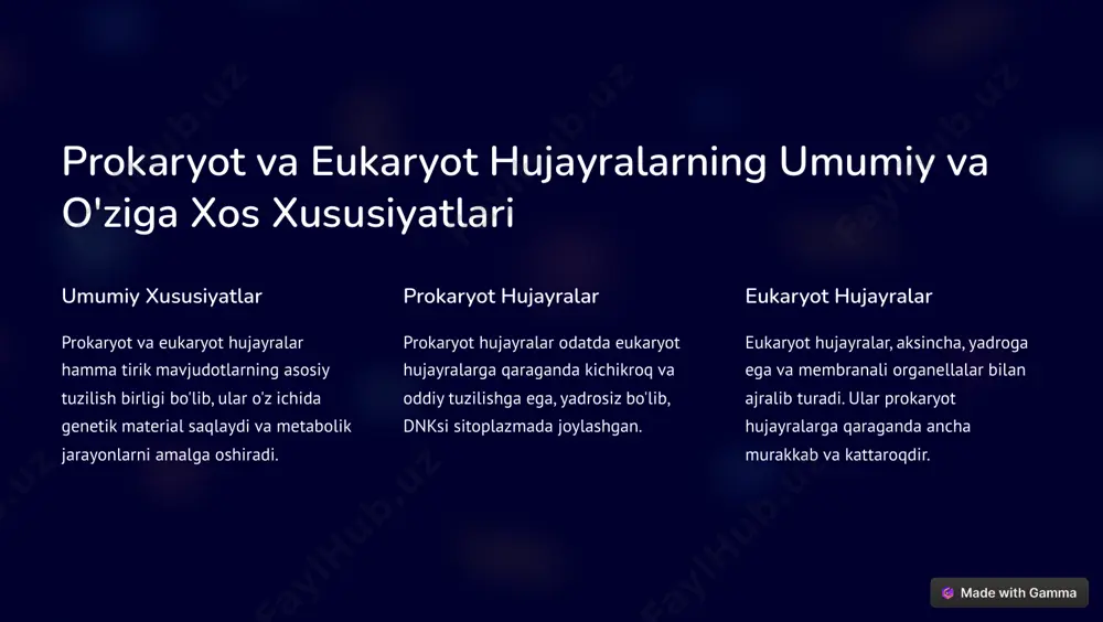 esterin xolesterin membrananing suyuqlik xususiyatini tartibga soladi va uni mustahkamlashga yordam beradi. https://gamma.app/?utm_source=made-with-gamma moddalarning hujayra ichiga kirishi 1 oddiy diffuziya moddalarning konsentratsiya gradyenti bo'yicha membranadan o'tishi. energiya talab qilmaydi. 2 yordamchi diffuziya membranada joylashgan oqsillar yordamida moddalarning o'tishi. energiya talab qilmaydi. 3 aktiv transport moddalarning konsentratsiya gradyentiga qarshi membranadan o'tishi. energiya talab qiladi. 4 endotsitoz va ekzotsitoz katta molekulalar yoki zarrachalarning membranaga o'ralib, hujayraga kirishi (endotsitoz) yoki hujayradan chiqishi (ekzotsitoz) jarayoni. https://gamma.app/?utm_source=made-with-gamma xulosa va takliflar 1 viruslar, prokaryot va eukaryot hujayralar o'ziga xos xususiyatlarga ega bo'lib, turli xil hayot shakllarini namoyon etadi. 2 hujayra membranasi turli moddalarning hujayraga kirishini tartibga soladi va hujayraning tashqi muhit bilan aloqasini ta'minlaydi. 3 ushbu mavzu bo'yicha chuqurroq o'rganish, biologiyaning muhim tushunchalarini yaxshiroq tushunishga yordam beradi. https://gamma.app/?utm_source=made-with-gamma