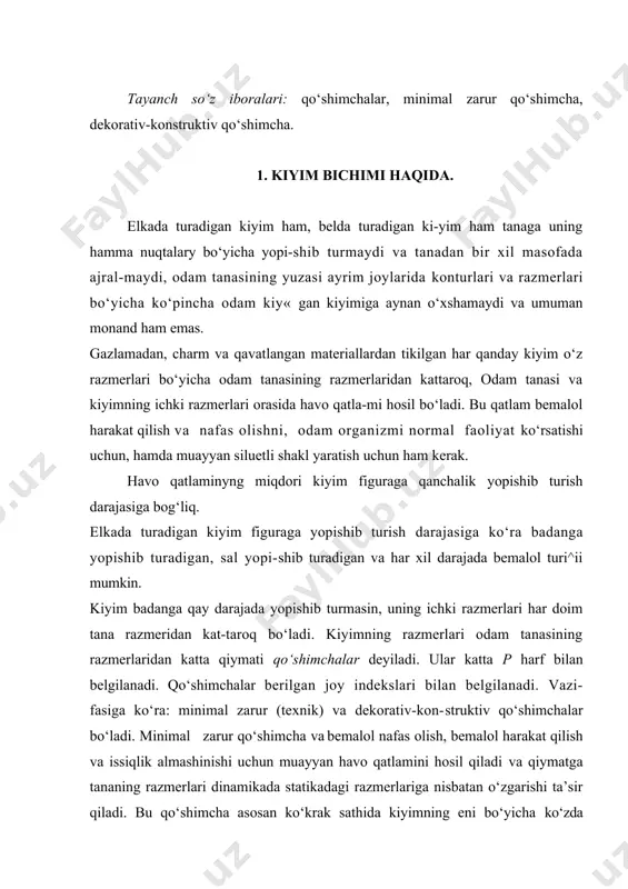 orasidagi farq bo‘lishi kerak (1,5 sm) [7]. mdu qoshidagi antropologyya" ilmiy tadqikot instituti ma’lumotlari bo‘yicha odam har xil harakat qilganda uning tanasining ayrim qismlari chuqur nafas olgandagiga nis-batan ko‘proq o‘zgaradi. eng ko‘p o‘zgarishlar kenglik o‘lchamlarida kuza!iladi shs, sht. orqa kenglik o‘lchami shs qo‘llar ko‘tarilganda va oldinga uzatganda kattalashadi . (»30%), bu vaqtda o‘lcham shg kamayadi. va aksincha, qo‘llarni orqaga burganda va ku-raklarni yaqinlashtirganda shs o‘lcham bir._rz kamayadi, shg esa kattalashadi (« 10 %). bo‘ylama o‘lchamlar qo‘llar ko‘tarilganda va tanani oldinga engashtirganda ma’lum darajada o‘zgarishi kuzatiladi. lekin bemalol harakatlanish uchun kiyim-larning bo‘ylama razmerlariga qo‘shimcha berilmaydi, chunki bu model proportsiyalarini buzadi. kiyimning umumiy hajmini saqlagan holda uzunligining o‘zgari-shi uning siluet shaklini umuman o‘zgartirib yuborishi mumkin. ko‘pincha yelkada turadigan kiyimning kon-struktsiyasi kiyimning figurada oson surilishini ta’-minlaydi, xizmat paytida kiyiladigan kiyimni kiyish sharoiti ham, odatda, uzunroq kiyimni talab qilmaydi. kiyimning eni bo‘yicha bemalol harakat qilish va nafas olishini ta’minlaydigan qo‘shimchani kiyimning vazifasiga qarab tanlash …
