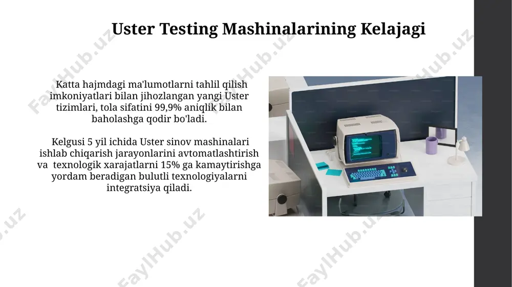 joylar soni va umumiy uzunligi kabi ko'rsatkichlar yuqori aniqlikda 0.1 mm gacha o'lchanadi. uster testing mashinalarining texnik xizmati mashinalarning ishlash muddatini uzaytirish va xarajatlarni kamaytirish uchun uster texnik xizmati optimal moylash materiallari va tozalash texnologiyalaridan foydalanadi, bu esa 15% ga kamroq nosozliklarga olib keladi. uster sinov mashinalarining texnik xizmati 90% dan ortiq ish vaqti samaradorligini ta'minlash uchun profilaktika tadbirlari, kalibrlash va ehtiyot qismlarni o'z vaqtida almashtirishni o'z ichiga oladi. uster testing mashinalarining umumiy ko'rinishi uster texnologiyasi, matoning 5-10% nuqsonlarini aniqlash imkonini beruvchi, yuqori aniqlikdagi sensorlar va murakkab algoritmlarni o'z ichiga oladi, bu esa ishlab chiqarish jarayonini optimallashtirishga yordam beradi. uster sinov tizimlari, 10 000 dan ortiq tolalarni individual ravishda tahlil qilib, tolaning umumiy sifatini, uning tengsizlik darajasini va yirtilish koeffitsiyentini aniqlaydi. uster testing mashinalarining dasturiy ta'minoti uster sinov mashinalarining dasturiy ta'minoti tola sifatini baholash uchun 100 dan ortiq turli parametrlarni, shu jumladan, kuchlanish, uzunlik va mustahkamlikni o'lchaydi. uster texnologiyalari 99,9% …