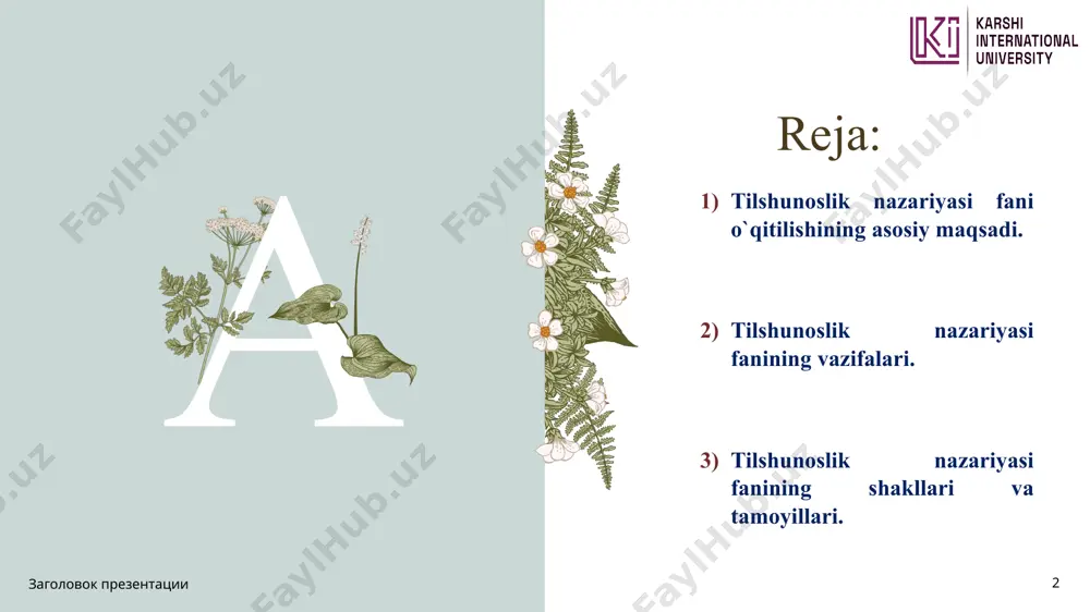 ogiya, til va semiotika kabi tilga bog‘liq masalalami tadqiq qilish; 7 tilshunoslik fanining asosiy vazifalari quyidagilardir: — tilning nutq va nutq faoliyati bilan munosabatini o'rganish; — tarixiy yozma manbalami ilmiy o‘rganish asoslarini ishlab chiqish; — eng qadimiy til va uning boshqa tillar va shevalarga munosabatini o‘rganish; — tilning hozirgi holati bilan tarixiy rivojlanish bosqichlarini ilmiy tadqiq qilish; — qadimiy yozuvlarni o‘rganish yo‘li bilan eng qadimiy tillarni tiklash yoki ulardagi turli alomatlarni aniqlash. 8 til — jamiyatimiz a’zolarining buyuk vositasi f nutq— bu vositaning qo'llanishidir. yozilgan yoki aytilgan nutqning bo‘lagi matn deb yuritiladi. yozma nutq va og‘zaki nutq farqlanganidek, yozma matn va og'zaki (monolog, dialog kabi) matn ham farqlanadi заголовок презентации 9 9 xulosa tildagi jamiyat a’zolari tomonidan qabul qilingan ustuvor bo'lgan xususiyatlar davr o'tishi bilan turii o‘zgarishlarga duchor bo'lishi mumkin. tildagi o‘zgarishlar va tilning rivojlanishi murakkab muammolarni keltirib chiqaradi.tildagi muammo va masalalarni sinxroniya va diaxroniyada (ya’ni hozirgi va tarixiy holati) …