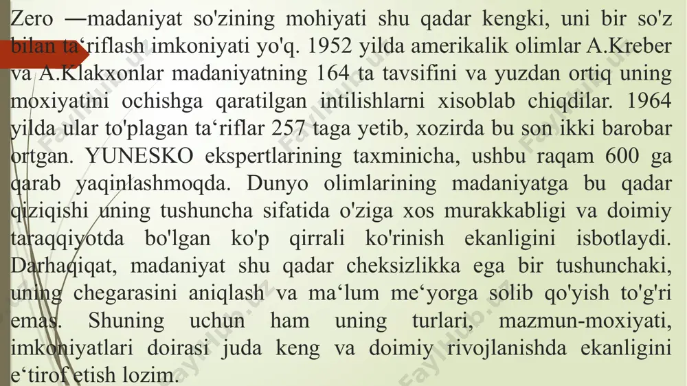 zatsion tuzilmasiga e‘tibor qaratdilar. ular ijtimoiy xayotning asosini turli darajadagi bir-biridan aloxida bo’lgan siklli "madaniy - tarixiy tiplar" yoki "sivilizatsiyalar" o’z taraqqiyoti bosqichida tug’ilish, rivojlanish, keksalik va qulash davrlaridan o’taydi, degan fikrga urg’u berganlar. lokal sivilizatsiya – bu muayyan hudud yoki mintaqaga xos bo'lgan madaniyat, ijtimoiy tuzum, iqtisodiy tizim va texnologik taraqqiyotning umumiy yig‘indisidir. boshqacha qilib aytganda, bu biror geografik hududda shakllangan va rivojlangan sivilizatsiya bo‘lib, u o‘ziga xos qadriyatlar, urf-odatlar, til, san’at va boshqalar bilan ajralib turadi. lokal sivilizatsiyaning asosiy xususiyatlari: geografik chegaralanganligi – faqat ma’lum bir hududda shakllanadi. mahalliy madaniyat va qadriyatlar – mintaqaviy an’ana va urf-odatlarga asoslangan. muayyan tarixiy jarayonlar natijasida shakllanganligi – vaqt o‘tishi bilan mustahkamlanadi va rivojlanadi. boshqa sivilizatsiyalar bilan aloqada bo‘lishi – ta’sir o‘zaro bo‘lishi mumkin, lekin o‘ziga xosligi saqlanib qoladi. xx asr birinchi yarmida jahonda sodir bo’lgan tub o’zgarishlar ko’plab jahon mutafakkirlarini madaniyat masalalariga yangicha konsepsiyalar nuqtainazaridan yondashishlariga olib keldi. madaniyatga oid bu …