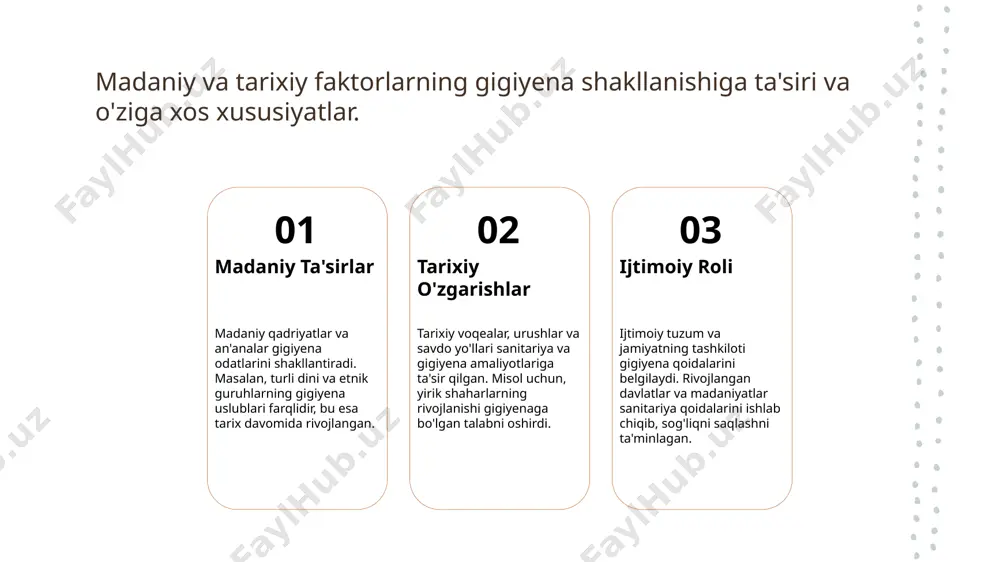 monaviy gigiyena standartlari va o'zbekiston respublikasida rivojlanish istiqbollari. o'zbektibbiyot jurnali, 7(102), 34-40. 4. toshkent davlat tibbiyot instituti. (2017). gigiyena va ekologiya kafedrasi. gigiyena tarixi va uning rivojlanishi. toshkent: tdti. 5. o'zbekiston respublikasi sog'liqni saqlash vazirligi. (2019). gigiyena va sanitariya bo'yicha milliy standartlar. toshkent: ssv. e'tiboringiz uchun rahmat! /docprops/thumbnail.jpeg