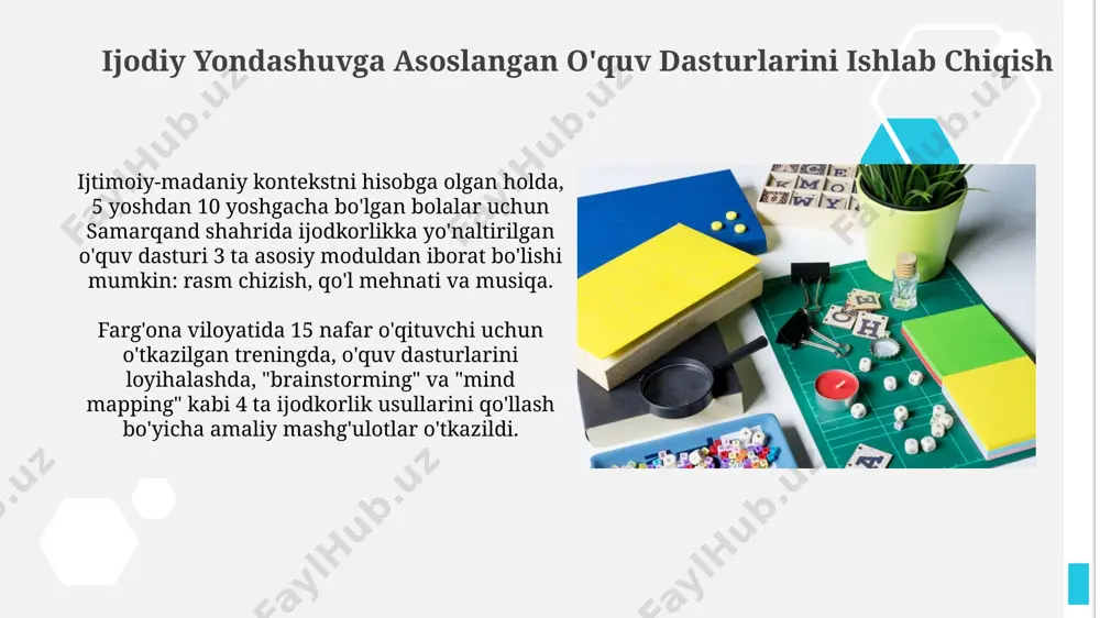 lash va qayta baholash jarayonida 5 yoshdan 10 yoshgacha bo'lgan bolalar uchun samarqand shahridagi maktablarda 20 ta turli xil ijodkorlik testlari qo'llanildi. qayta baholash natijalariga ko'ra, 30% o'quvchilarning ijodkorlik ko'rsatkichlari 15 balldan yuqori bo'lib, buxoro viloyatida o'tkazilgan shunga o'xshash tadqiqotlarga nisbatan yuqori natija ko'rsatdi. samaradorlikni o'lchash va tahlil qilish 2023 yilgi tadqiqotlar shuni ko'rsatdiki, toshkent shahridagi 10 ta kompaniyada samaradorlikni o'lchash va tahlil qilish jarayonining 70% avtomatlashtirilgan. samaradorlikni baholashda 3 balldan 5 ballgacha bo'lgan shkala qo'llanilganda, andijon viloyatidagi korxonalarning o'rtacha reytingi 3,7 ballni tashkil etdi, bu esa samaradorlik darajasini yaxshilash bo'yicha qo'shimcha choralarni ko'rish zarurligini ko'rsatadi. o'quv jarayonini diversifikatsiya qilish o'quv jarayonini diversifikatsiya qilishda, 5 yoshdan 12 yoshgacha bo'lgan bolalar uchun samarqand shahridagi maktablarda amaliy mashg'ulotlar orqali 3 ta turli o'quv uslubi qo'llanilishi samaradorlikni 20% ga oshirdi. qashqadaryo viloyatida 300 nafar o'qituvchining ishtirokida o'tkazilgan seminarlarda, "flipped classroom" uslubi va 7 ta yangi texnologiyaning qo'llanilishi o'quvchilarning faol ishtirokini 45% ga oshirdi. …