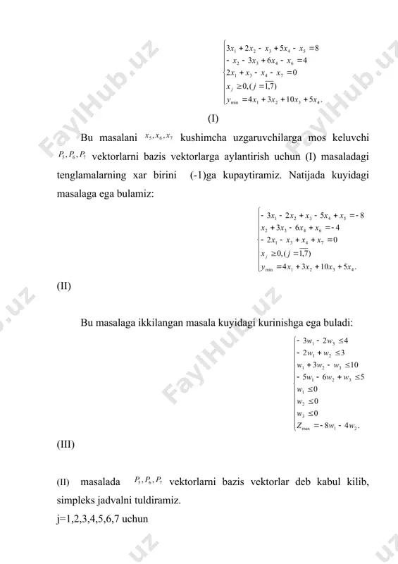 ib chiqaylik: maqsad funksiyasi: maximizatsiya qilish: z=3x+2yz = 3x + 2yz=3x+2y cheklovlar: x+y≤4x + y \leq 4x+y≤4 2x+y≤52x + y \leq 52x+y≤5 x≥0, y≥0x \geq 0, \, y \geq 0x≥0,y≥0 1. boshlang'ich jadval: jadvalda boshlang'ich qiymatlar kiritiladi va cheklovlar yordamida o'zgaruvchilar va qo'shimcha o'zgaruvchilar kiritiladi. 2. jadvalni yangilash: jadvaldagi qiymatlar har bir bosqichda o'zgartiriladi va optimal qiymatlar topiladi. tayanch iboralar berilgan va ikkilangan masalalarning yechimlari, chala tayanch plan, chizikli funksiya kiymati, standart forma, optimal yechim. adabiyotlar: 1. n.r.beknazarova, x.n.jumaev “matematik programmalashtirish va optimallashtirish” o‘quv predmeti bo‘yicha o‘quv-uslubiy majmua (bakalavriat bosqichi talabalari uchun).tashkent 2006. 2. safaeva k. va boshkalar. matematik programmalashdan ma’ruza mantlari. t., tdmi, 2003y. 3. v.v.rozen. matematicheskie modeli prinyatiya resheniy v ekonomike. m. 2002. 4. matematicheskoe programmirovanie v ekonomike. pod red. kremera, m., finansы i statistika, 1996g. 5. k.safaeva, f.shomansurova. matematik programmalashtirishdan masalalar tuplami. t., moliya instituti, 2003y. 6. v.sh.kremer i dr. issledovaniy operatsiy v ekonomike. uchebnoe posobie. m.: …