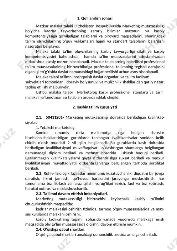 dan belgilangan maqsadga erishish uchun jamoada ishlay olish; uk-3. o‘zining kasbiy malakasini va shaxsiy kamolotini takomillashtirib borish; uk-4. jamoada va ma’lum vazifani bajarishga yo‘naltirilgan guruhda ishlash, hamkasblar, rahbarlar va mijozlar bilan samimiy, xushmuomala va samarali muloqot qilish; uk-5. ta’lim olgan tilida fikrini og‘zaki va yozma ravishda ravon bayon qilish; uk-6. umuminsoniy fazilatlarga ega bo‘lish, o‘z millatini va vatanini sevish, u bilan faxrlanish, milliy urf-odatlar, qadriyatlarni hurmat qilish; uk-7. professional vazifalarni samarali bajarish uchun zarur bo‘ladigan ma’lumotlarni qidirish; uk-8. kasbiy faoliyatida axborot-kommunikatsiya texnologiyalarini qo‘llash; uk-9. kasbga doir hujjatlar bilan ishlash; uk-10. kasbiy faoliyatda xavfsizlik texnikasi va mehnat muhofazasi qoidalariga amal qilish ko‘nikmalariga ega bo‘lish. uk-11. sanoat va nosanoat tashkilotlarda vujudga keladigan chiqindilarni atrof-muhitga zarar yetkazmaslik choralarini koʻrish va utilizatsiya qilish; uk-12. sohaga oid ekologik madaniyatga rioya qilgan holda faoliyat olib borish. 4.2 marketing mutaxassisligi ta’lim dasturini o‘zlashtirgan bitiruvchi quyidagi kasbiy kompetensiyalarga ega bo‘lishi kerak. 4.2.1.yetakchi marketolog kvalifikatsiyasi bo‘yicha: kk-1.1. bozorda marketing …