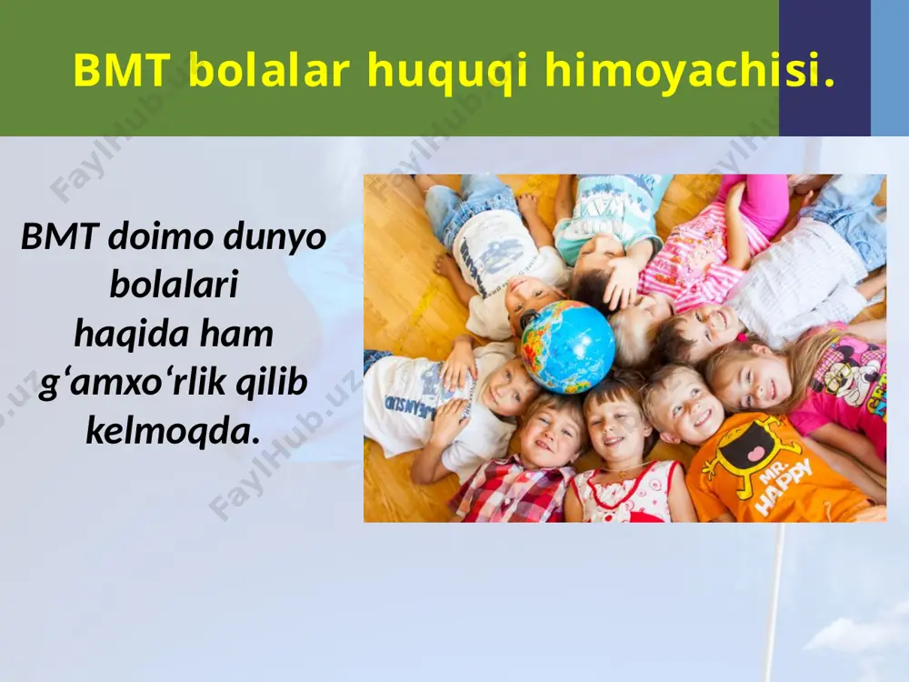 ni nyu-york shahriga yuboradilar. jamg‘arma xodimlari yitka rasmlari tasviri tushirilgan ochiq tabrik jild xatlari tayyorlashga qaror qiladilar va ularni iso payg‘ambar tug‘ilgan kuni – rojdestvo bayrami munosabati bilan butun dunyoda sotilishini tashkil etadilar. savol va topshiriqlar 1. bmtning dunyo bolalari huquqlarini himoya qilish borasidagi faoliyati haqida nimalarni bilib oldingiz? 2. yunisef tashkiloti va uning faoliyati haqida so‘zlab bering. 3. «bola huquqlari to‘g‘risida»gi konvensiyaning maqsadi nimalardan iborat? 4. o‘zbekiston respublikasi va yunisef qaysi yo‘nalishlarda hamkorlik qilmoqda? image2.jpg image3.jpeg image4.jpeg image5.jpeg image6.jpeg image7.jpeg image8.jpeg image9.jpeg image10.jpeg image11.jpeg image12.jpeg image13.jpeg image14.jpeg image15.jpeg image16.jpeg image17.jpeg image18.jpeg image19.png image20.jpeg image21.jpeg image22.jpeg image23.jpeg image24.jpeg image25.jpeg image1.jpg